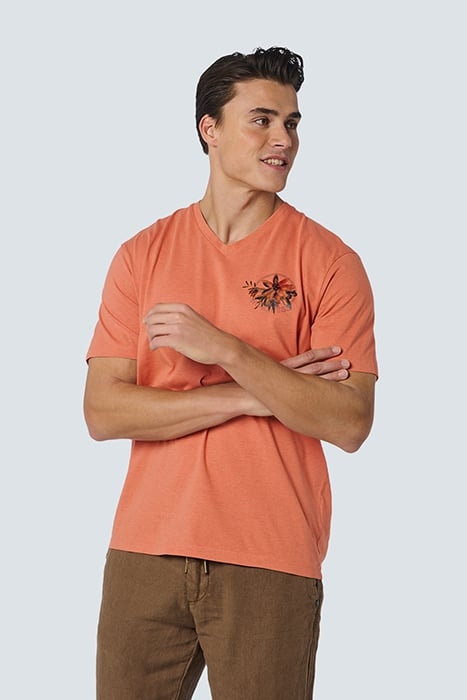 T-SHIRT V-NECK MELANGE GARMENT DYED PLACED PRINT MELON 1