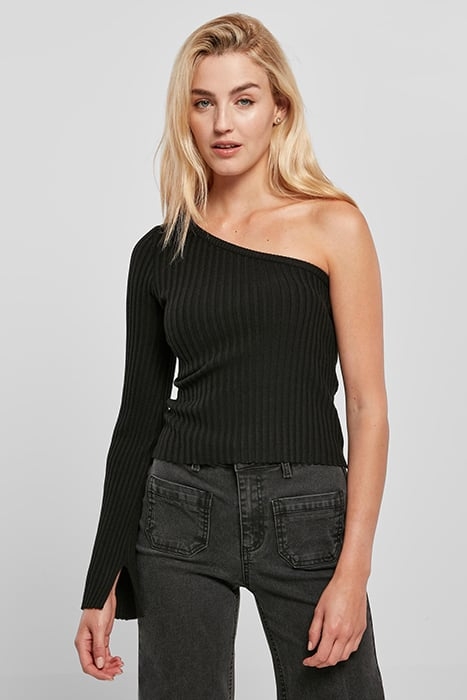 LADIES SHORT RIB KNIT ONE SLEEVE SWEATER BLACK 1