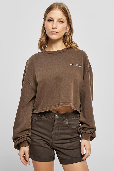 LADIES CROPPED SMALL EMBROIDERY TERRY CREWNECK BROWN 1