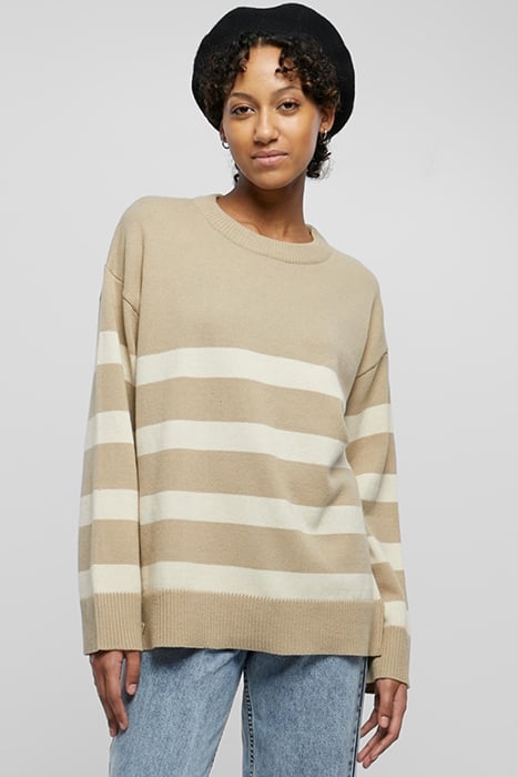 LADIES STRIPED KNIT CREW SWEATER WETSAND/SAND 1
