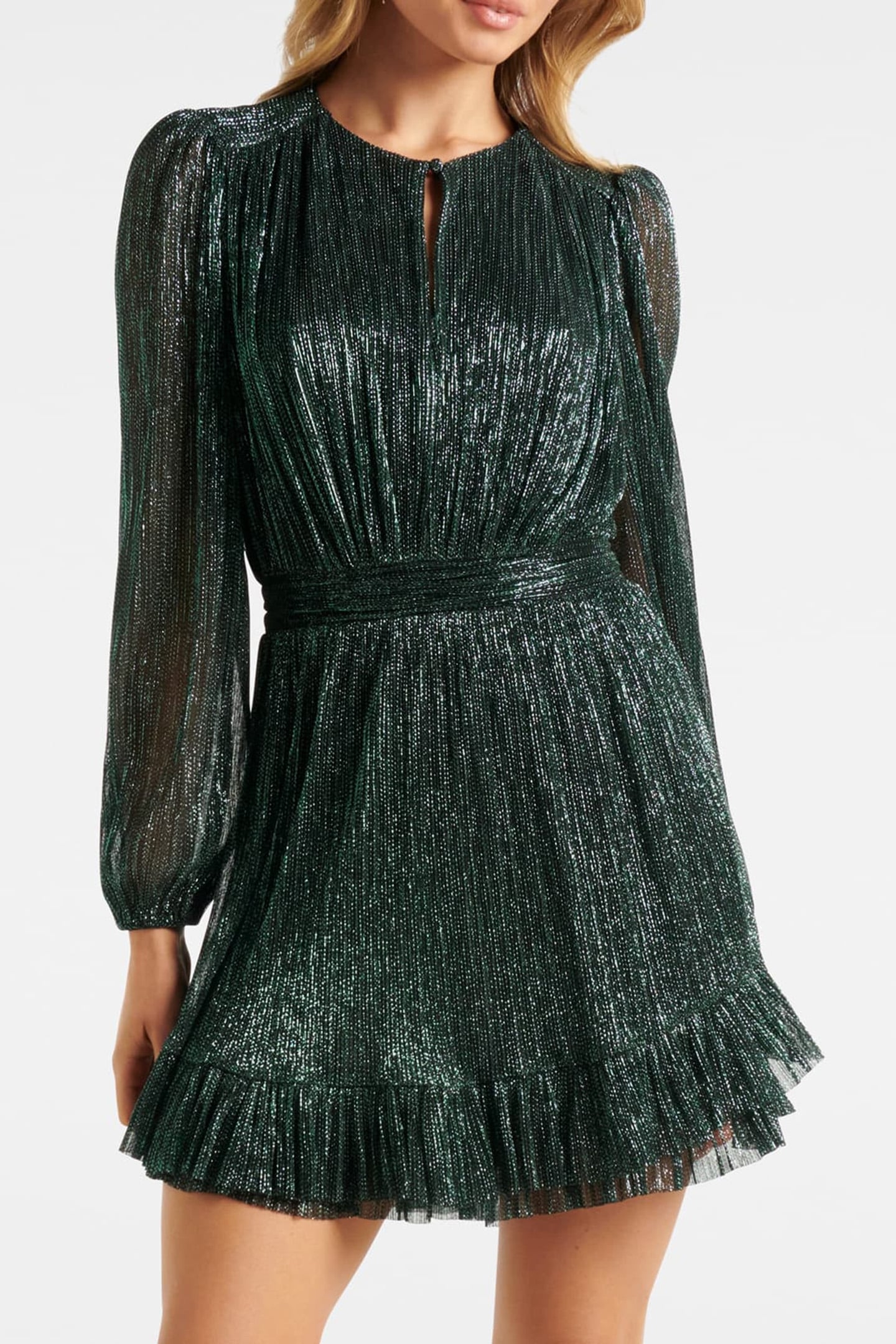 GOLDIE LONG SLEEVES PLISSE MINI DRESS DARK GREEN 1