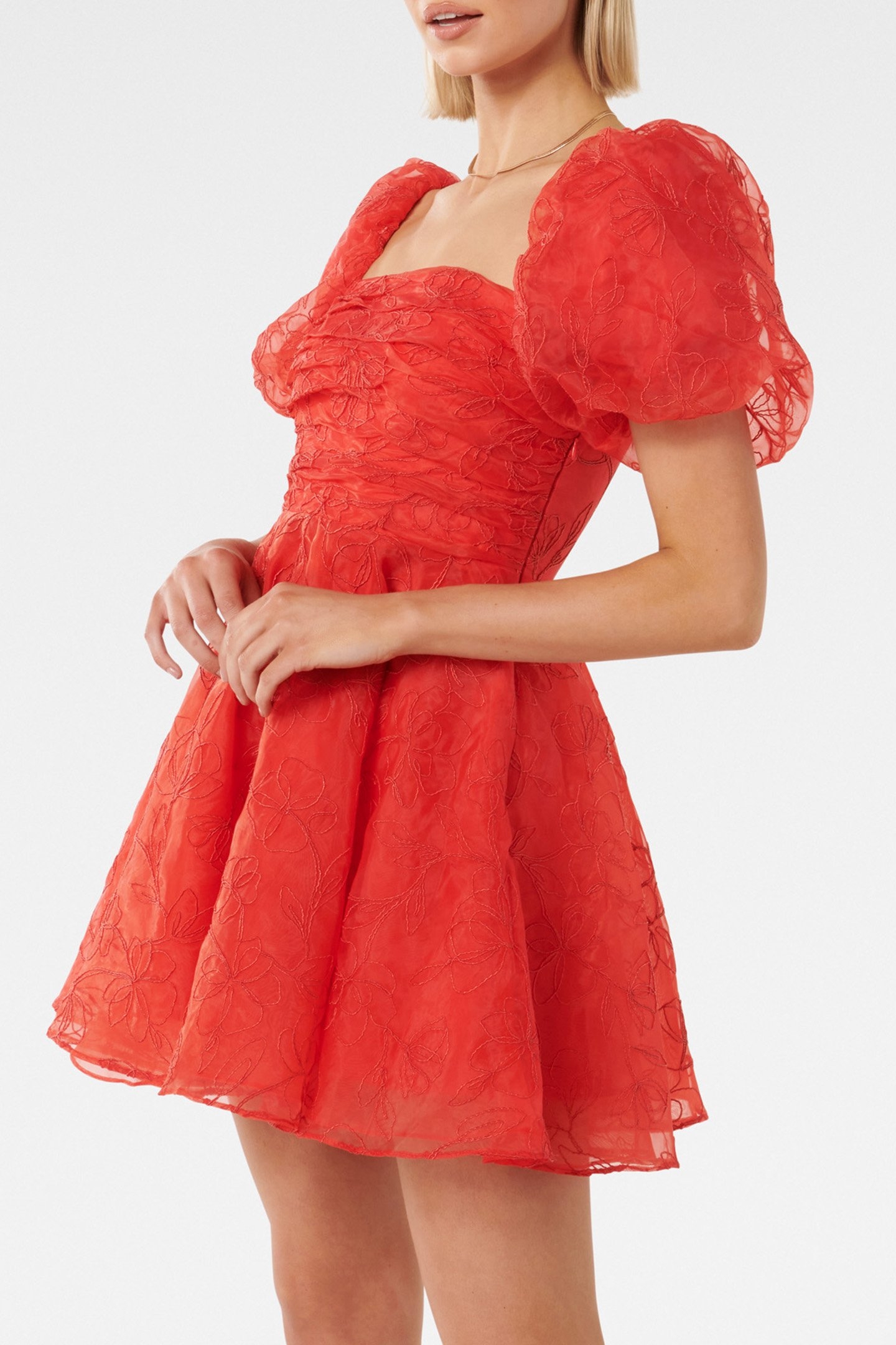 CODY EMBROIDERED SKATER MINI DRESS RED 5