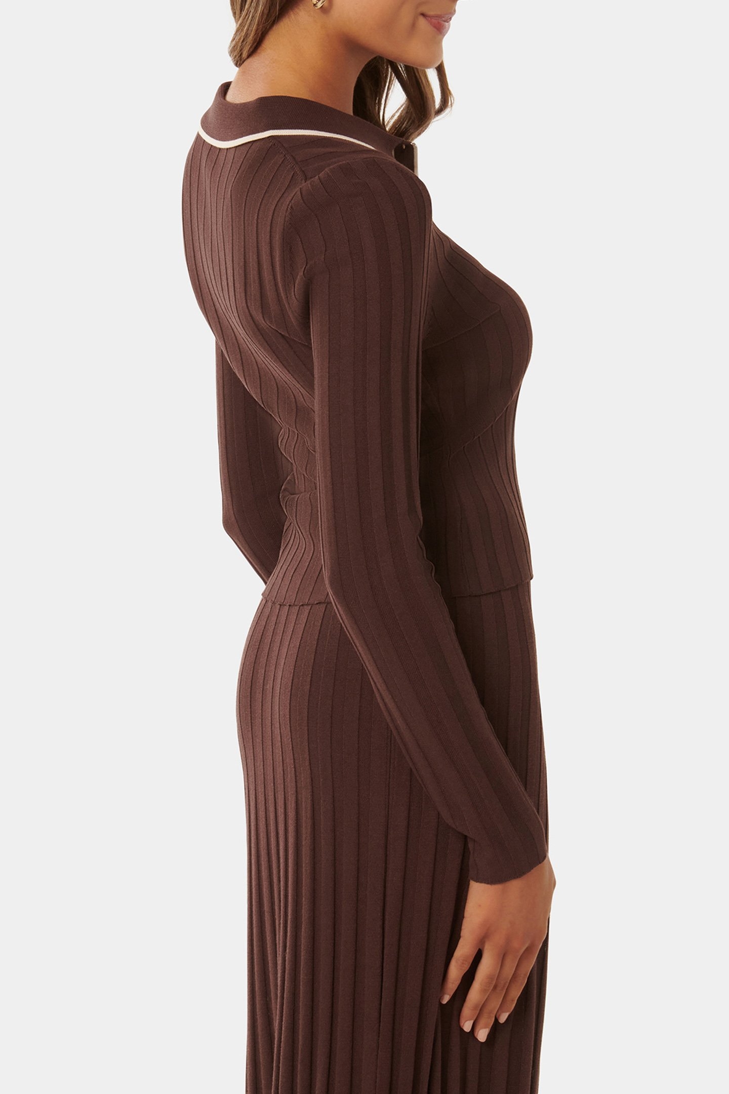 EDITH PETITE KNITTED POLO TOP CHOCOLATE 2