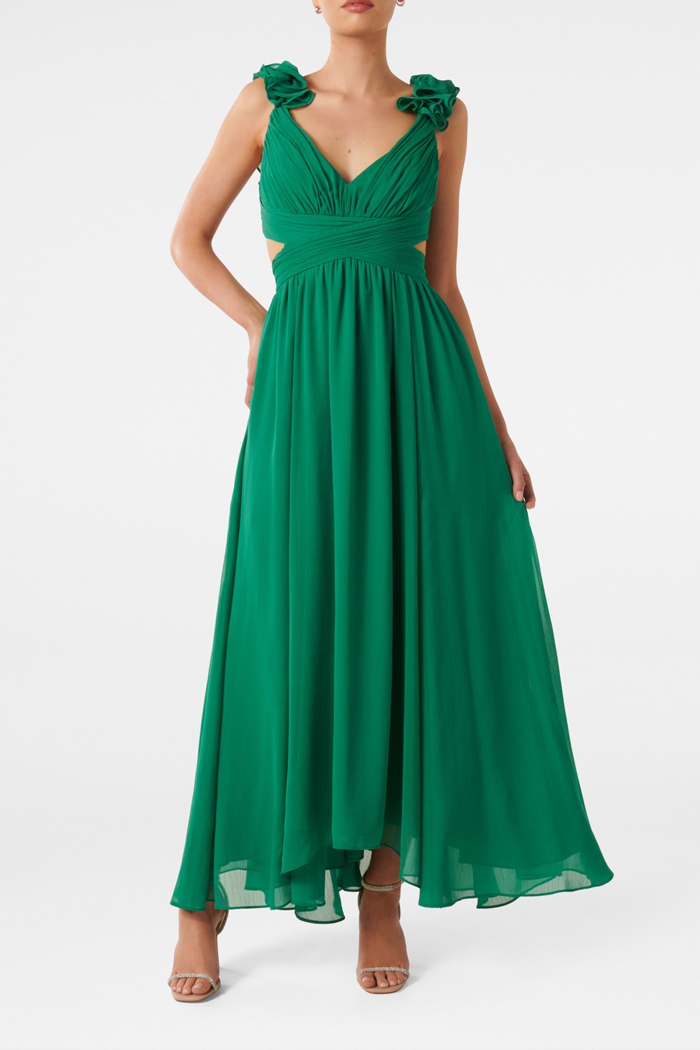 SELENA RUFFLE SHOULDER MAXI DRESS GREEN 1