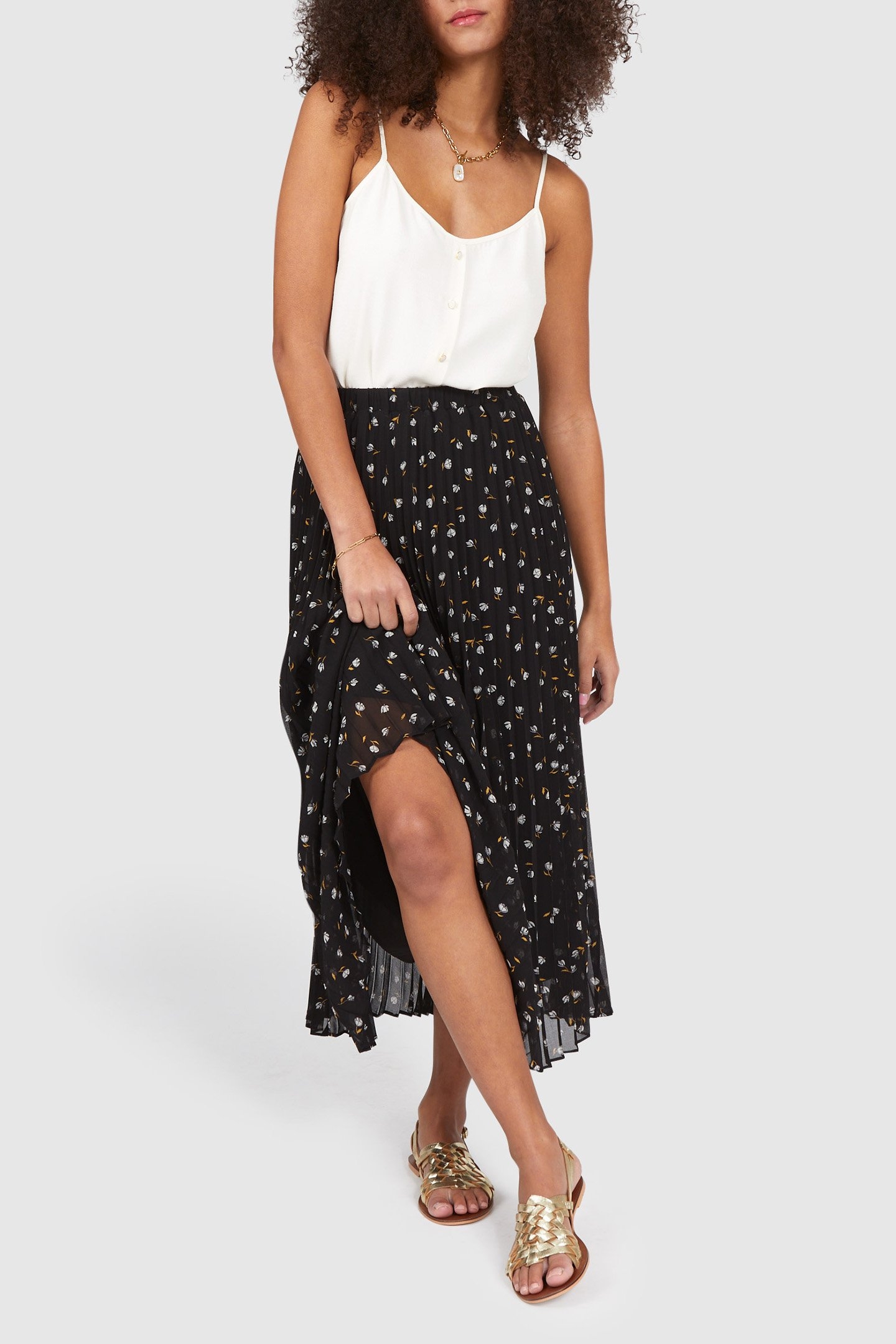 BLACK PLEATED LONG SKIRT, ROCK MINI-FLOWER PRINT 1
