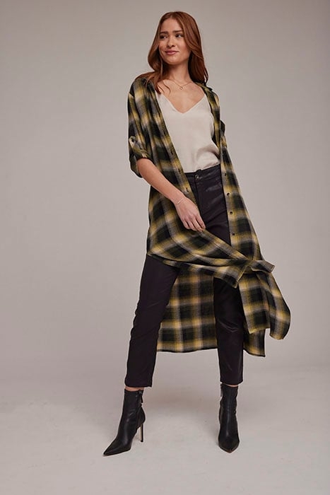 ROLLED SLEEVE DUSTER DRESS GREEN & BLACK PLAID 1