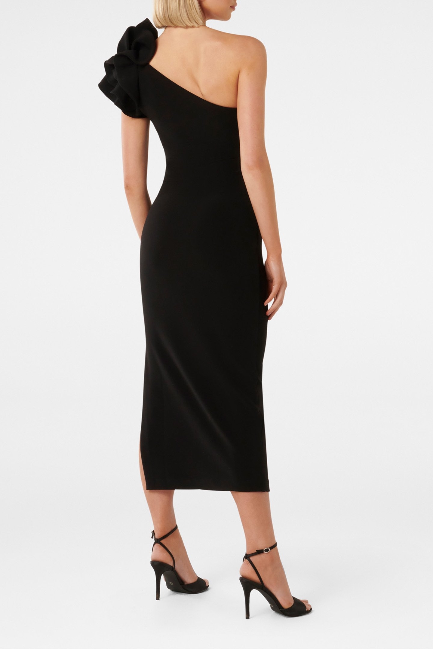 CELESTE ONE SHOULDER RUFFLE BODYCON DRESS BLACK 2