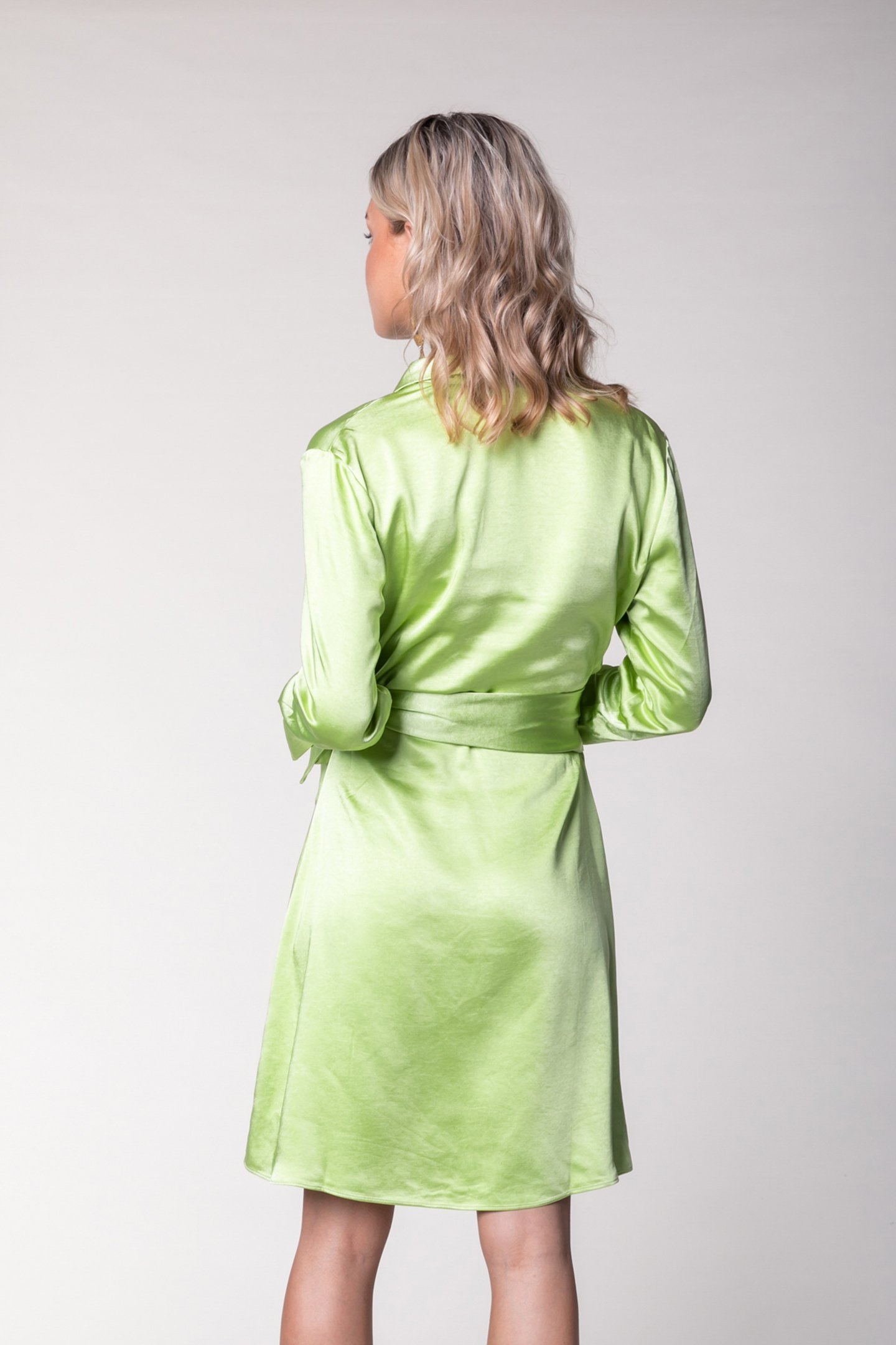 DORIN UNI SATIN WRAP MINI DRESS DARK LIME GREEN 2