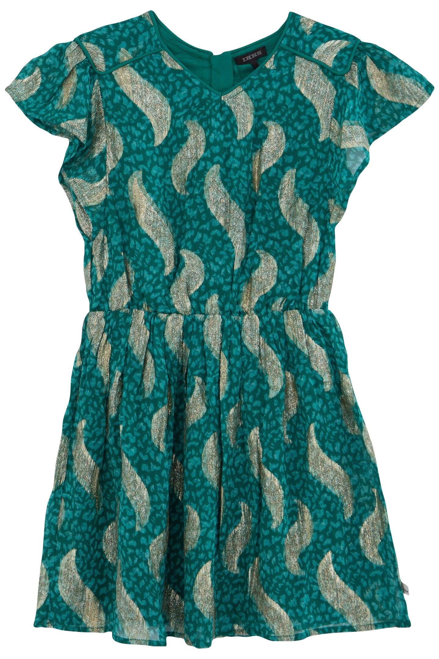 GIRLS' GREEN SHORT DRESS WITH GOLD LEAF PRINT 1