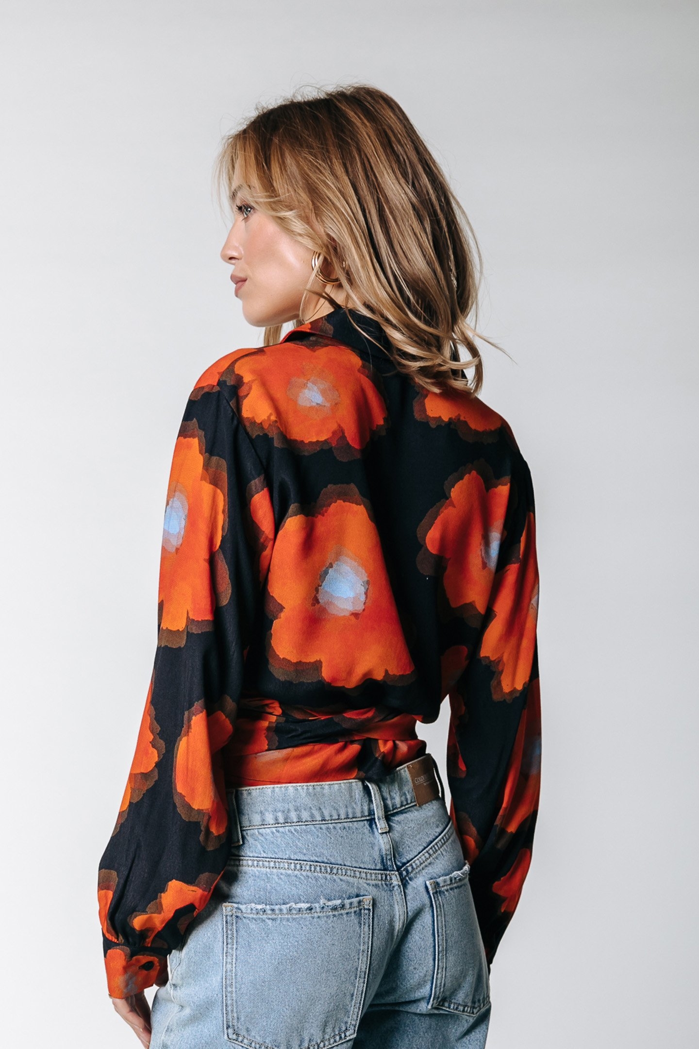 JOSA PAINTED FLOWER WRAP BLOUSE MANDARIN ORANGE 2