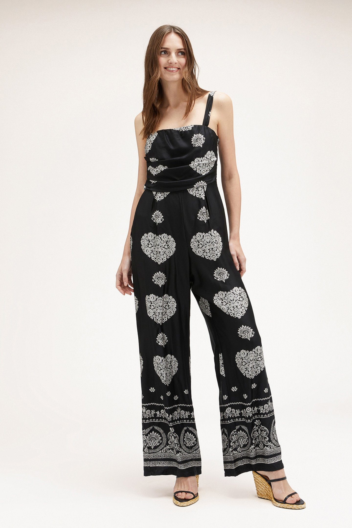 LONG JUMPSUIT IN ETHNIC PATTERNED SATIN BLACK 4