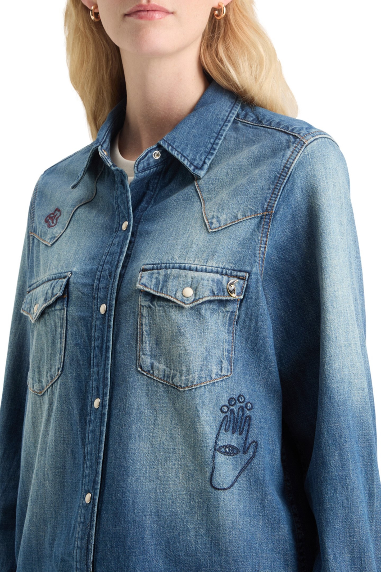 WASHED REGULAR FIT DENIM WESTERN SHIRT WITH EMBROIDERIES WAS 8