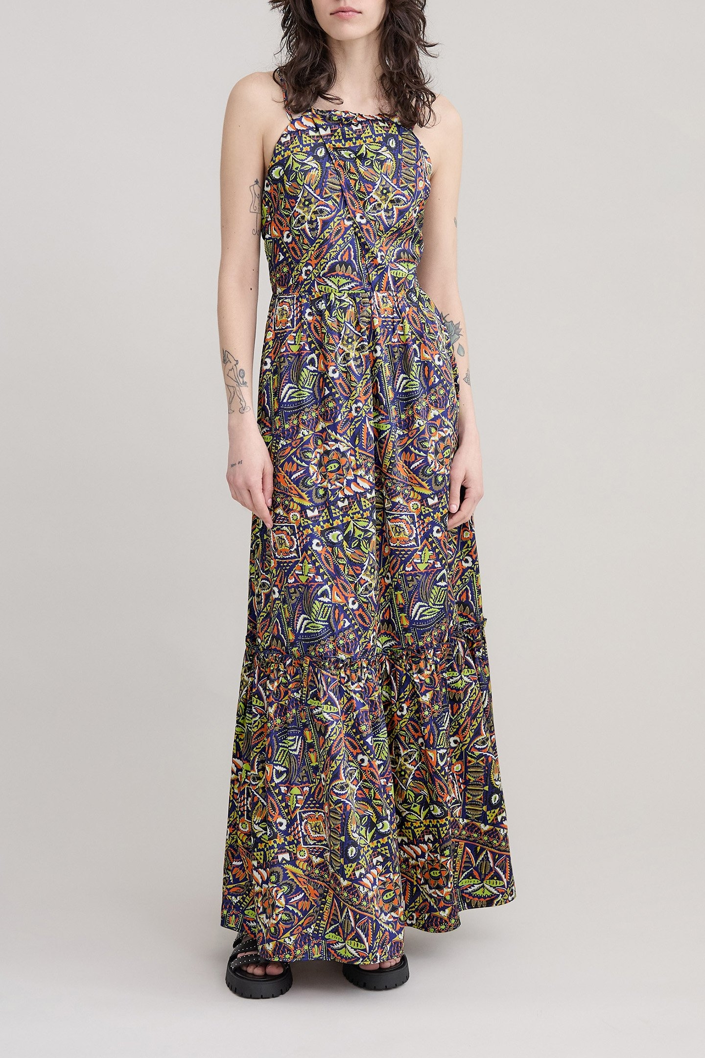 BLUE RECYCLED POLYESTER ETHNIC GRAPHIC DRESS 1