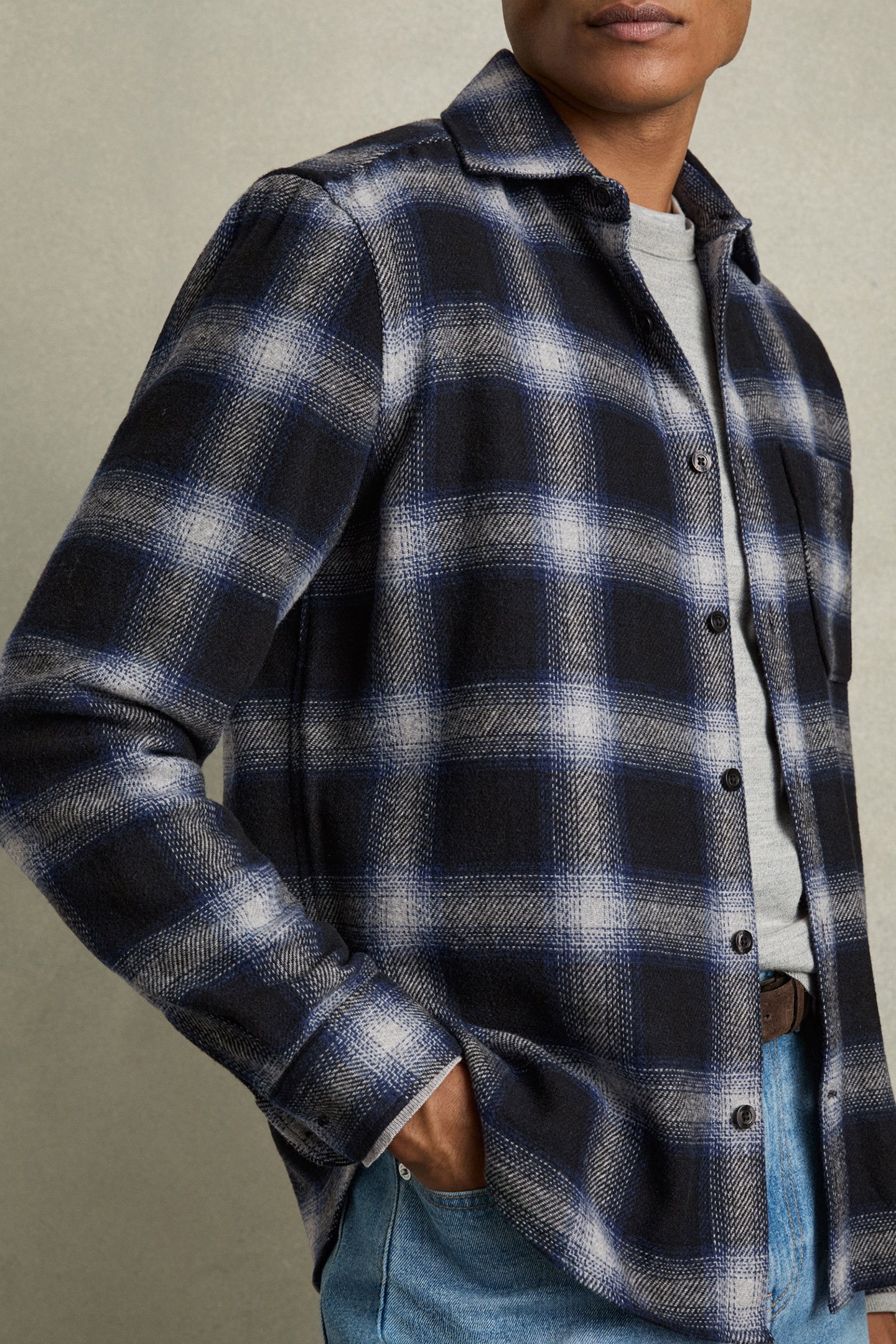 CROSBY LS WOOL CHECK PATCH POCKET OVERSHIRT NAVY MULTI 5