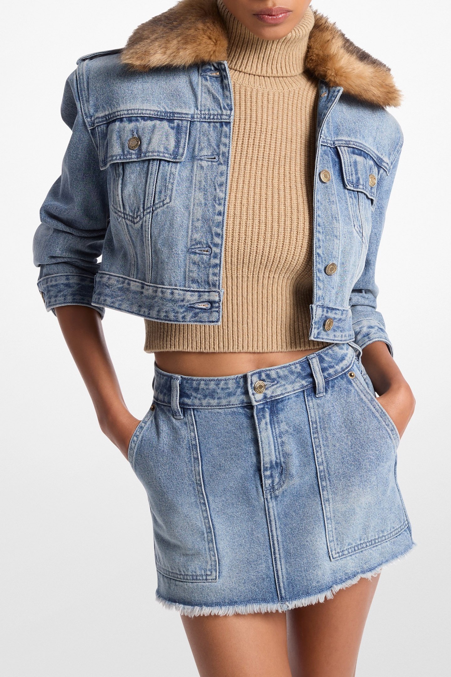 CROPPED DENIM JACKET WITH FAUX FUR COLLAR 1