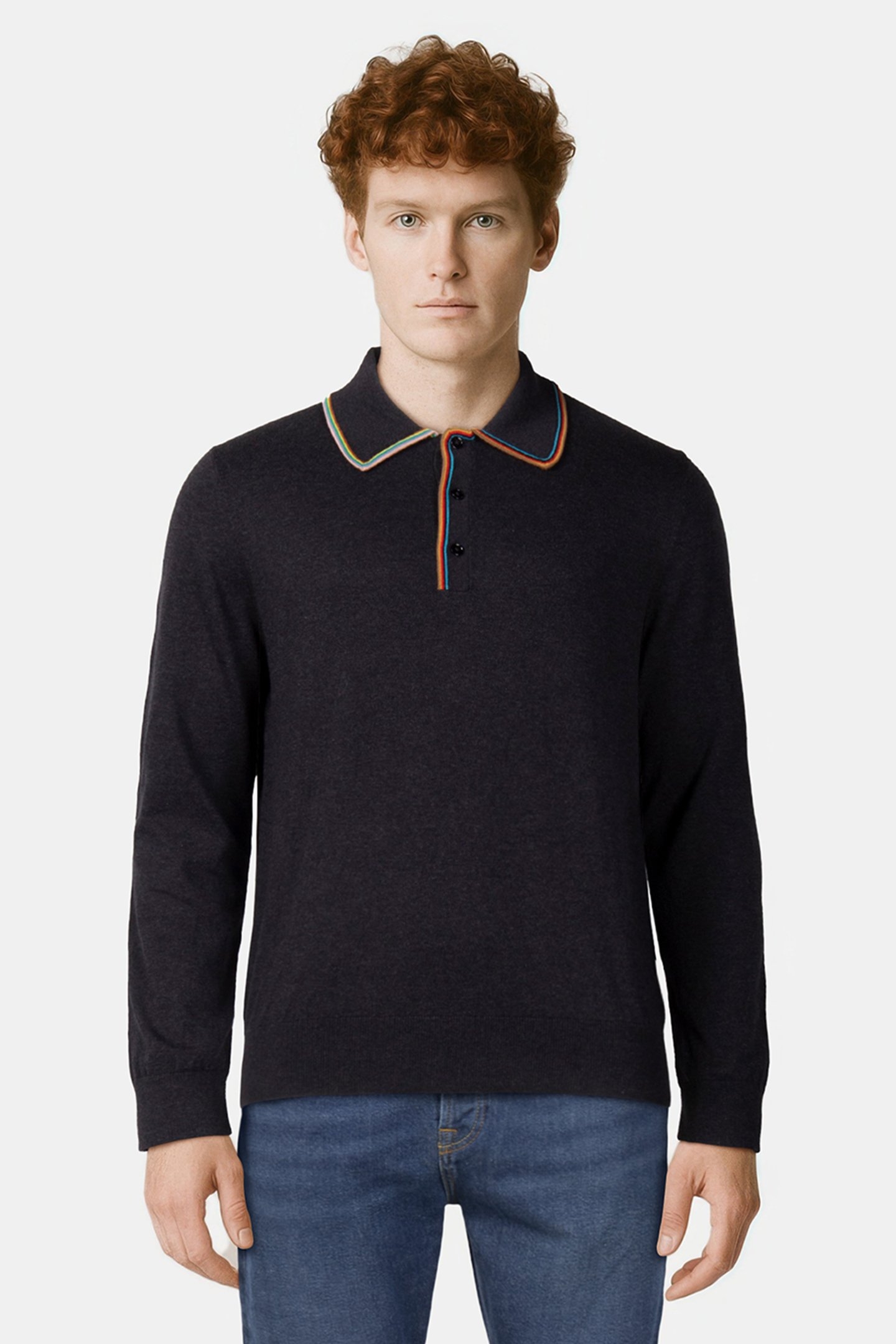 MENS SWEATER LS POLO BLACK MELANGE 1