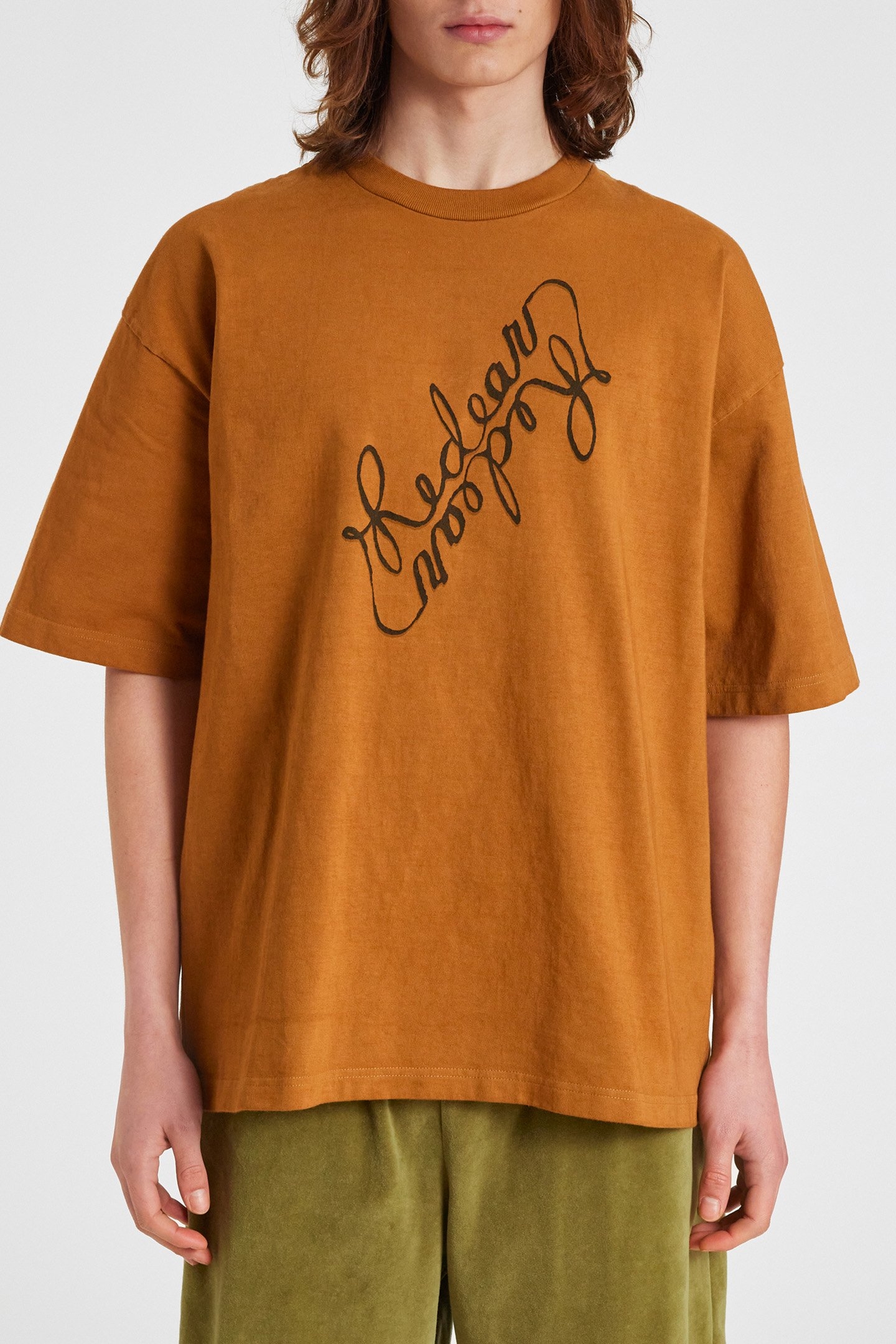 MENS ORANGE TSHIRT FISHING LINE PRINT OCHRE 1