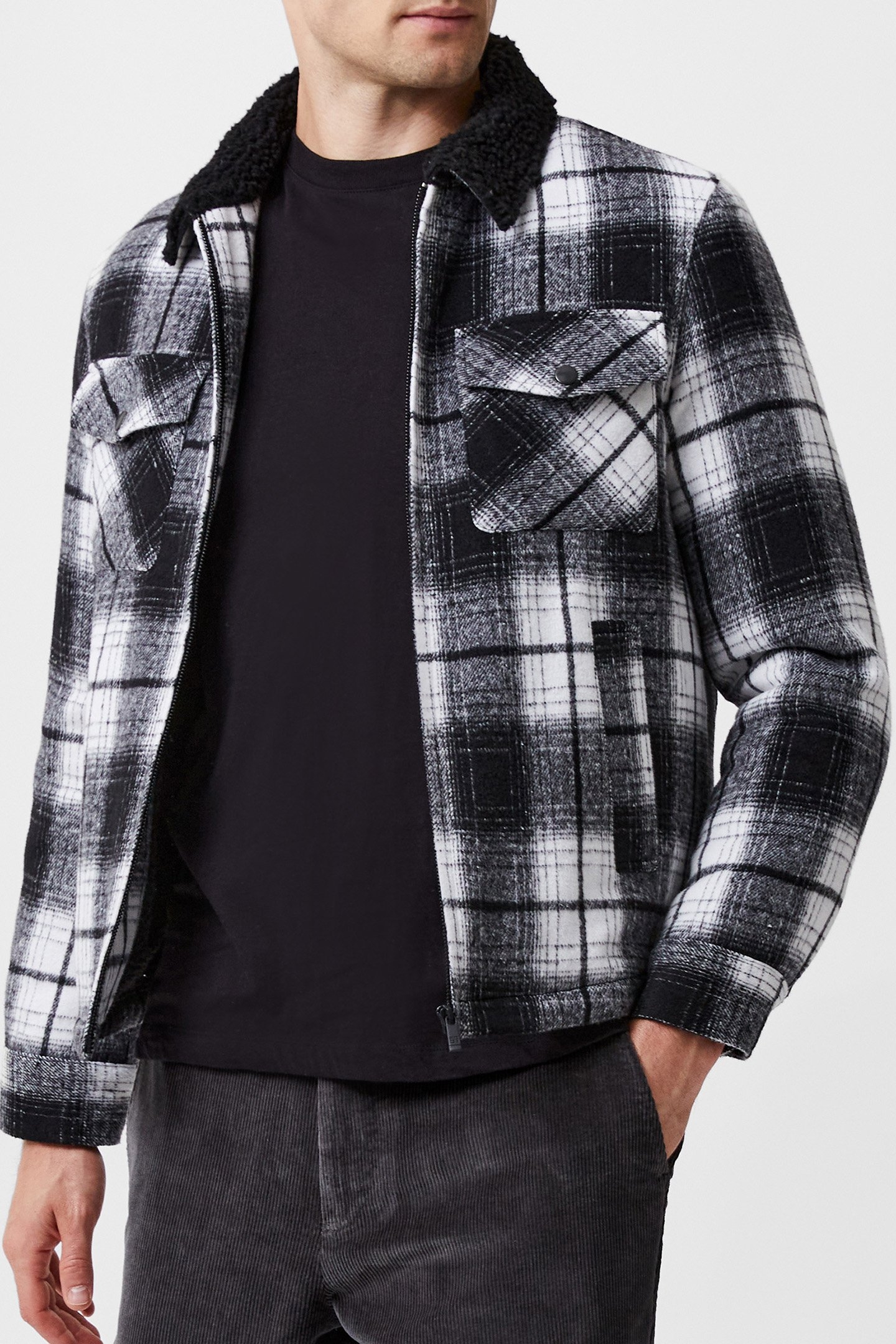 BORG COLLAR CHECKED JACKET BLACK WHITE 1
