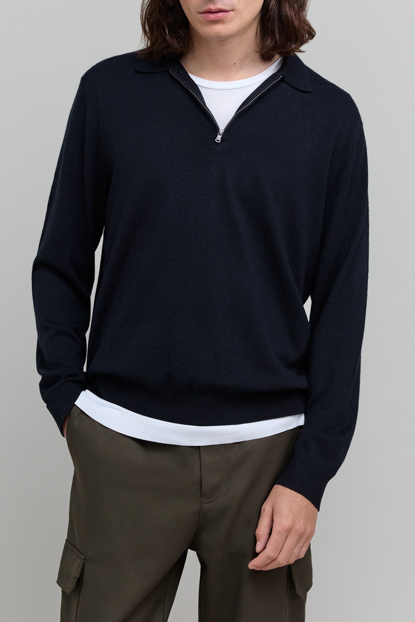 CHARCOAL KNIT ZIP-NECK POLO SHIRT 1
