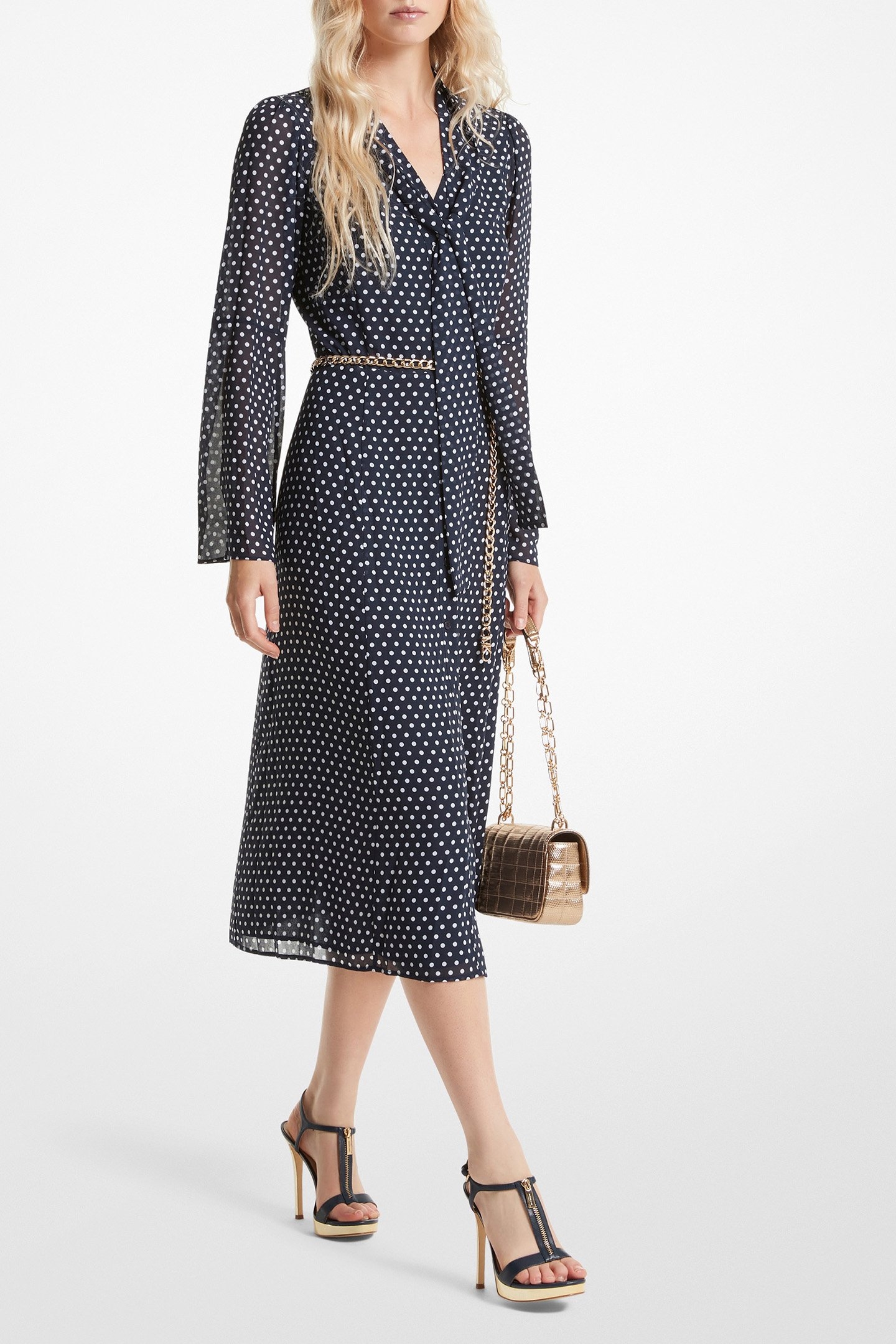 TIE DETAIL MIDI DRESS IN MIDNIGHT BLUE POLKA DOT PRINT 1