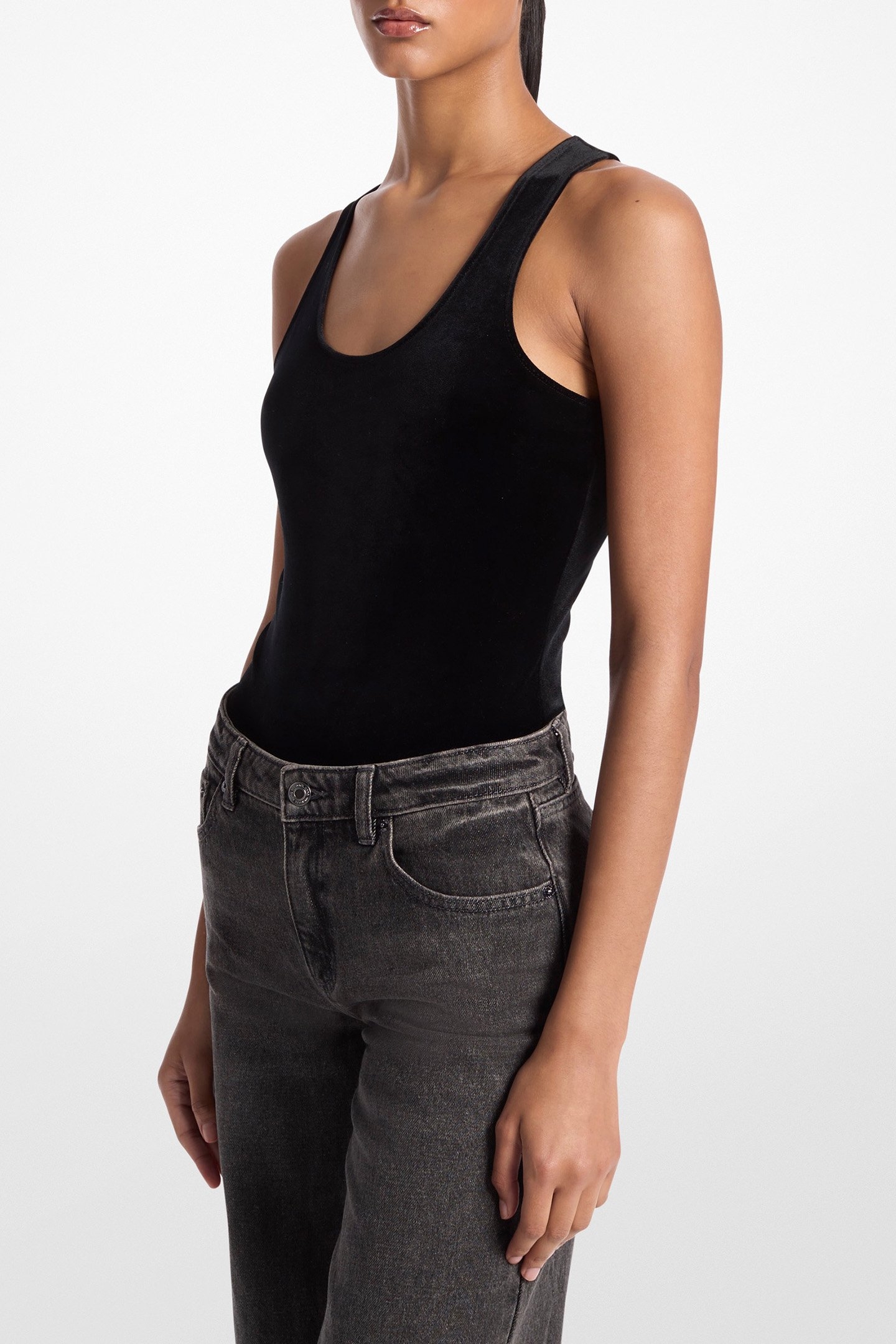 VELVET TANK VEST BODYSUIT IN BLACK 1