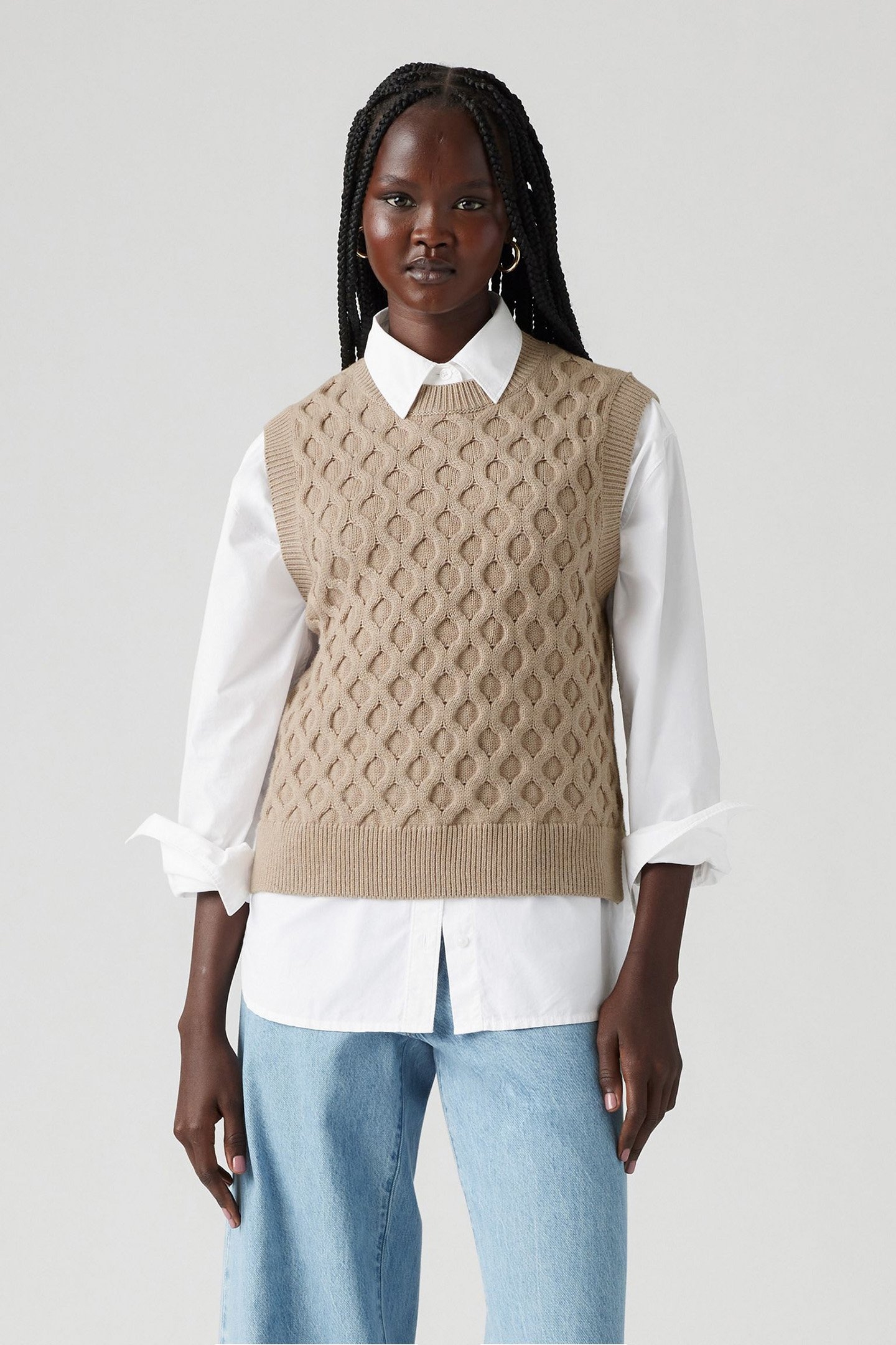 BLUEBELL CABLE VEST MID OATMEAL HEATHER 1