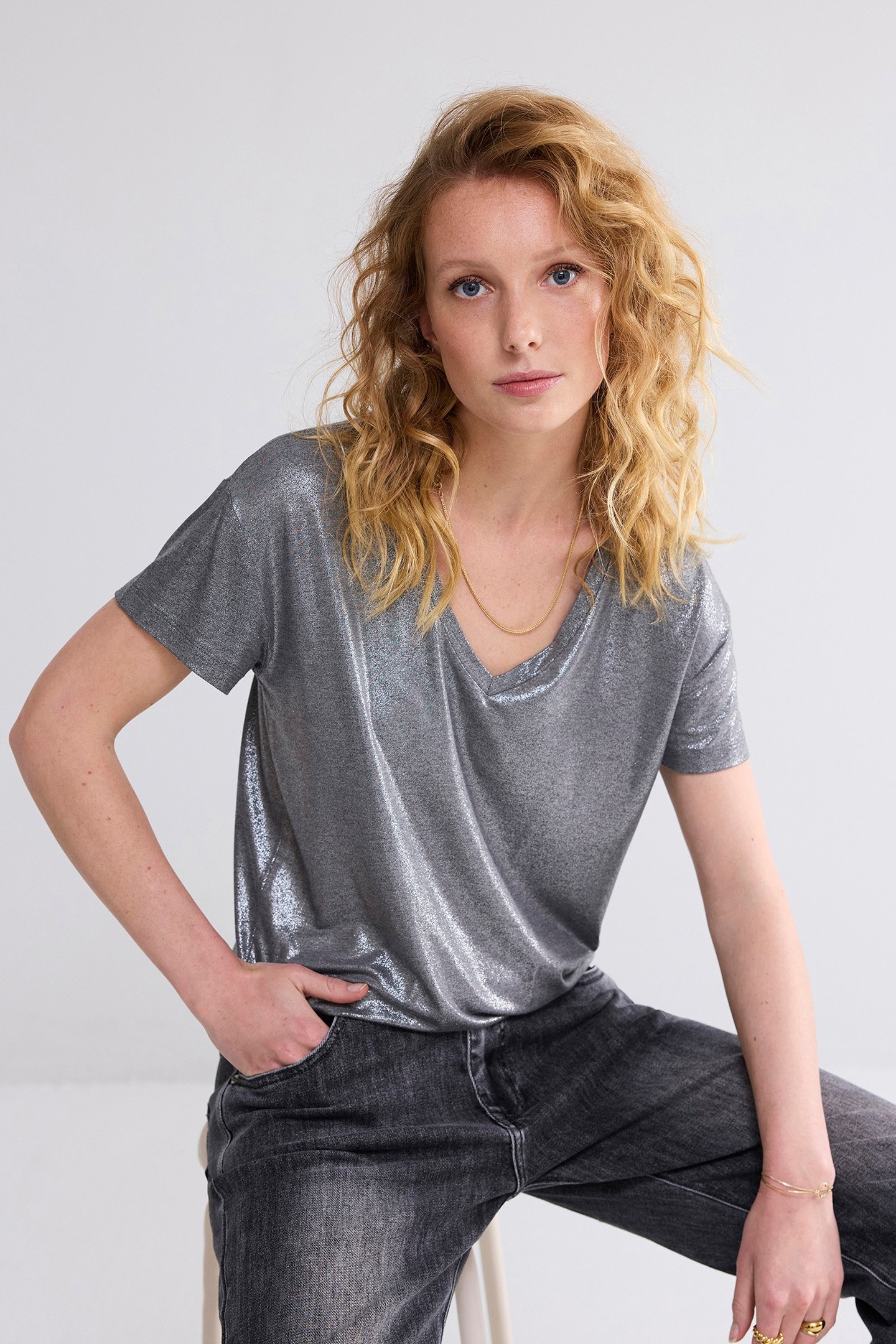 V- NECK TOP METALLIC COATED JERSEY GREYS 1