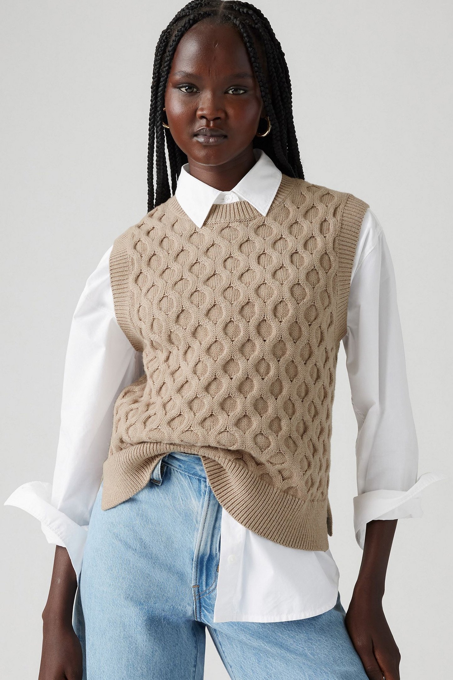 BLUEBELL CABLE VEST MID OATMEAL HEATHER 4