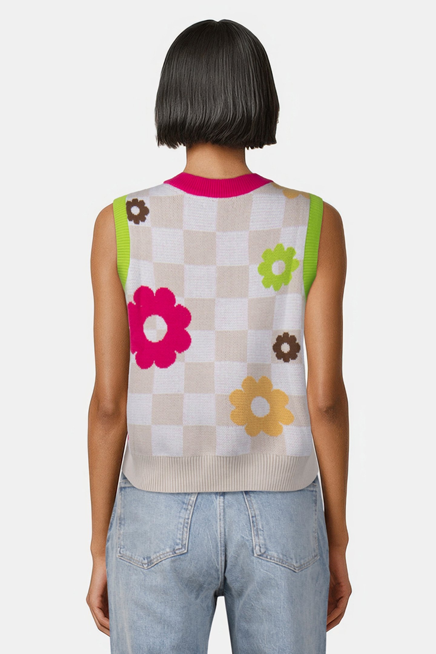 STELLA SWEATER VEST MENDED CHECK DENIM OATMEAL 2