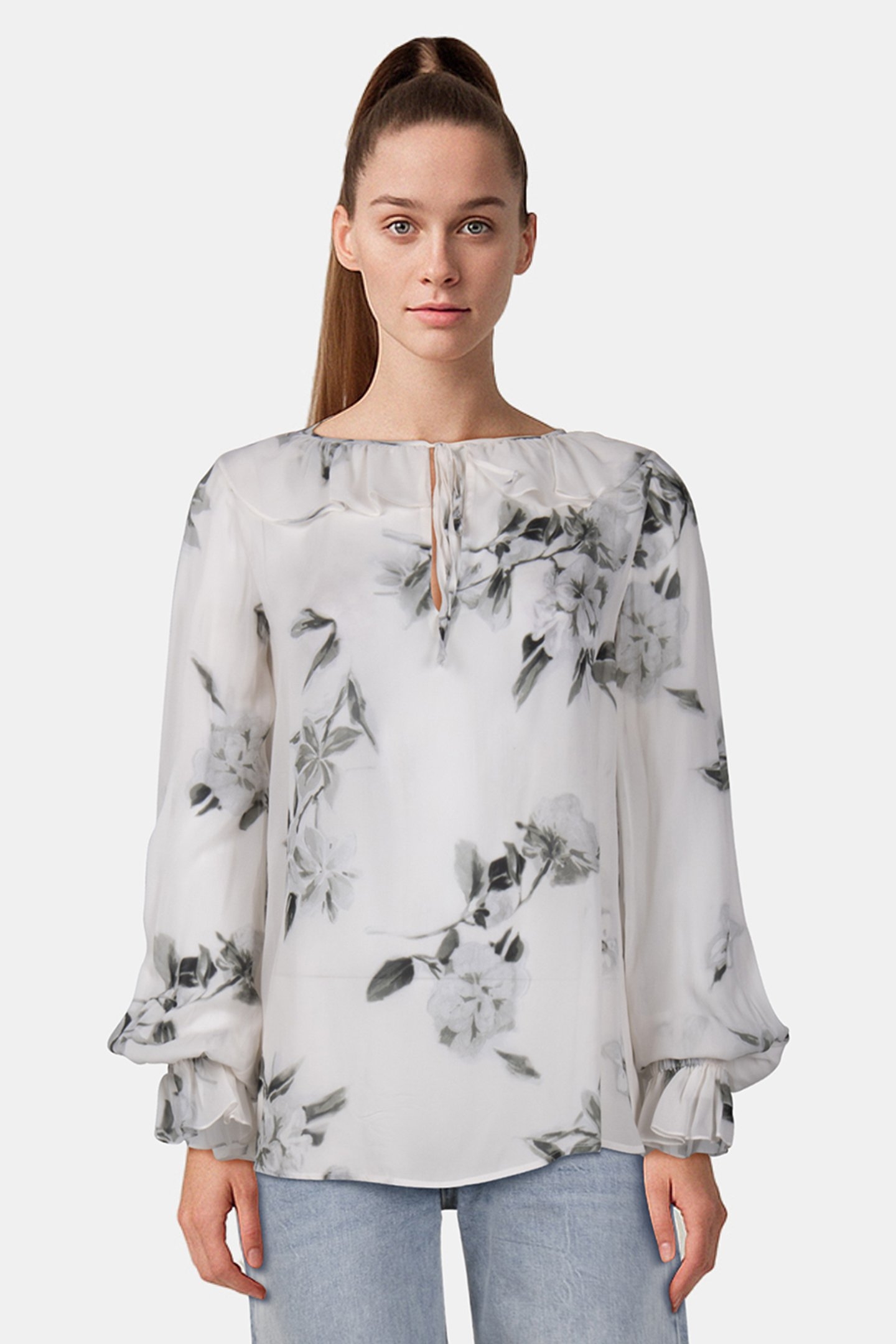 LONG SLEEVE TOP WITH RUFFLE DETAIL ECRU 1