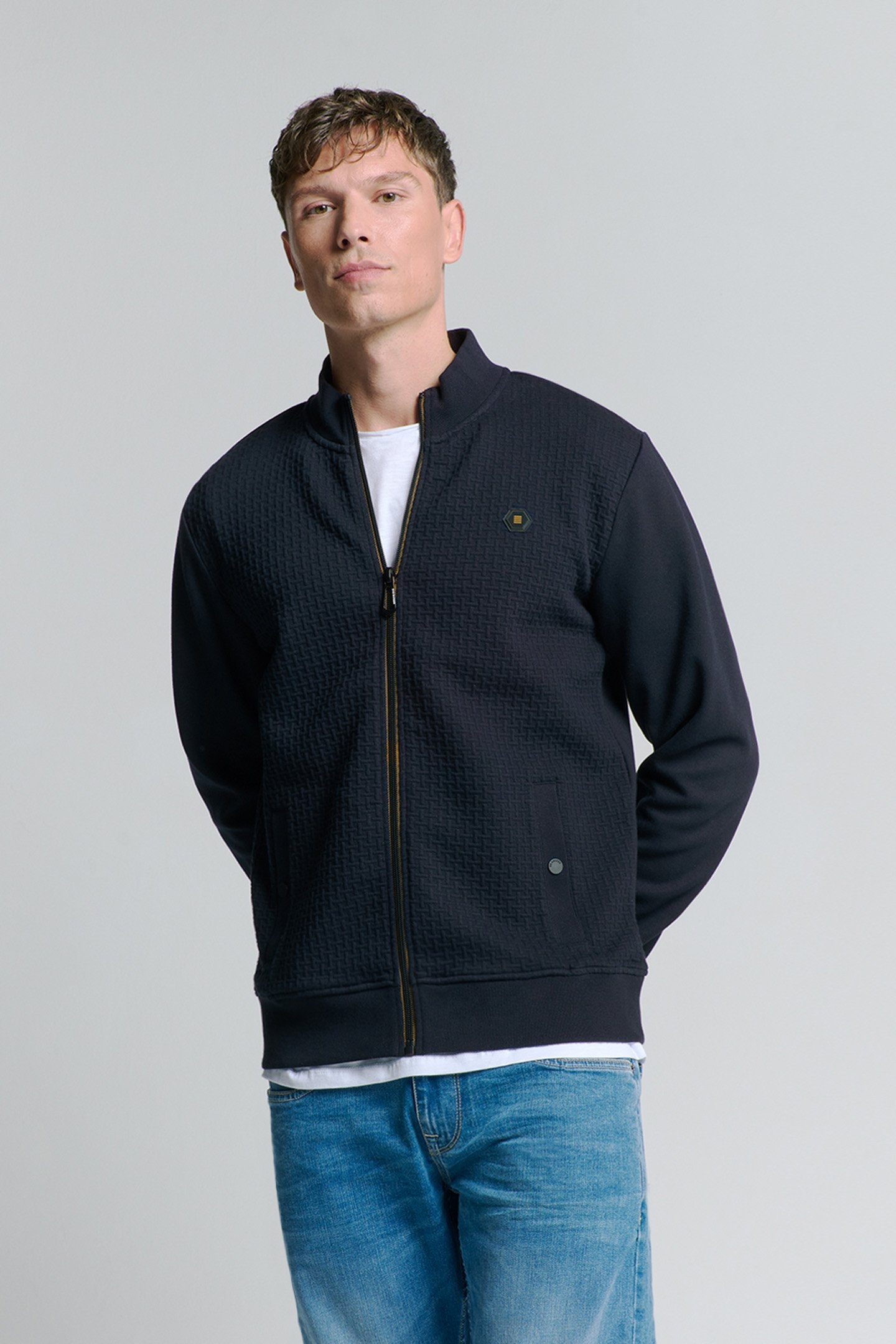 SWEATER FULL ZIPPER DOUBLE LAYER JACQUARD STRETCH BLUEBERRY 1