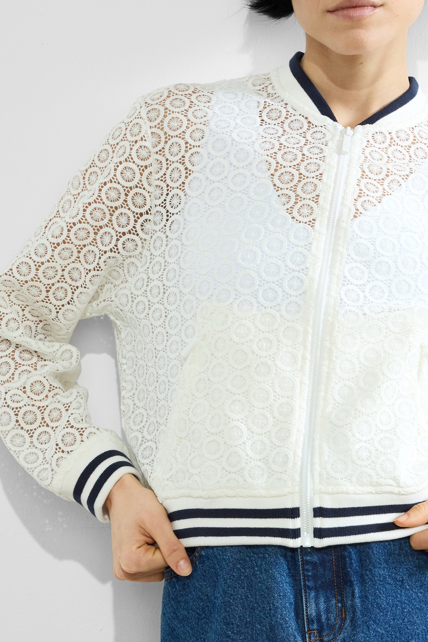KRISTA LACE MIX KNIT BOMBER SUMMER WHITE/NAVY 4