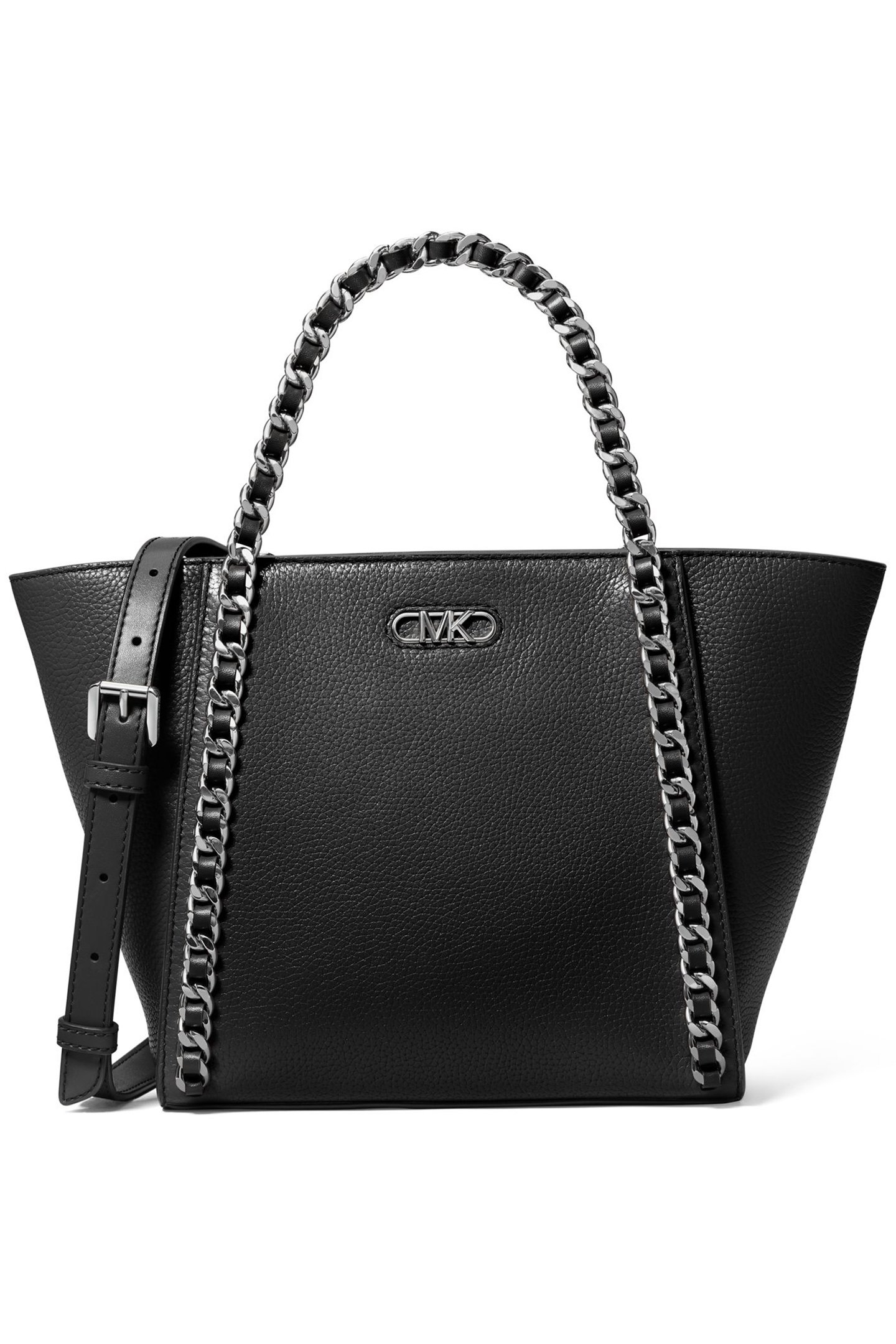 TOP ZIP GRAB LEATHER TOTE WITH CHAIN DETAIL IN BLACK 1
