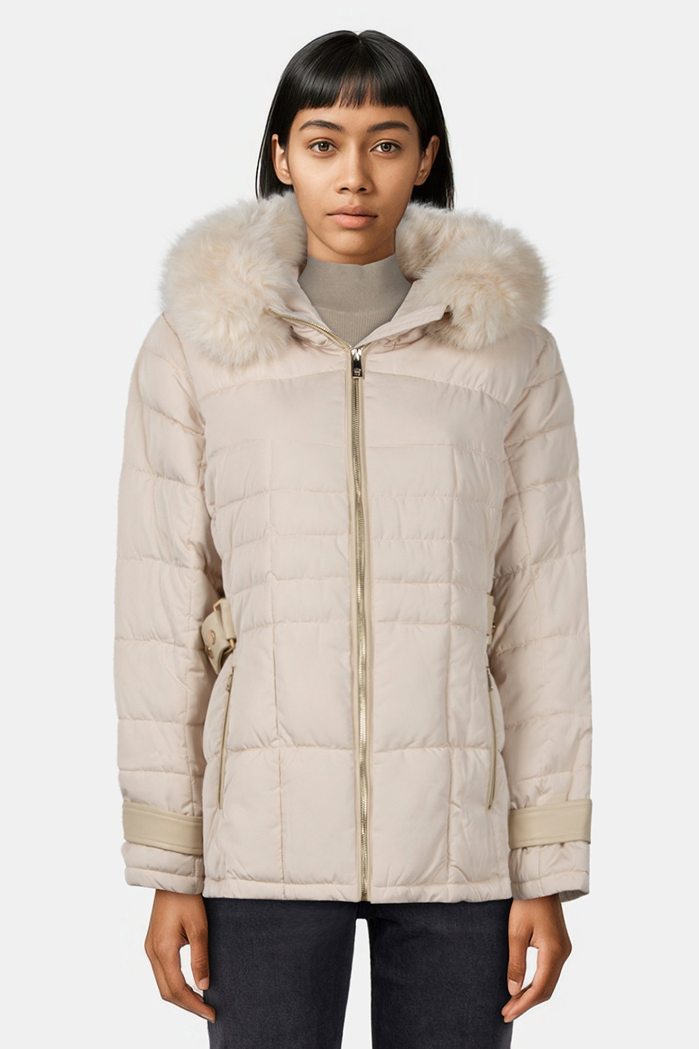 FITTED DOWN JACKET WITH FURRY EDGE AND INSERTS BEIGE 1