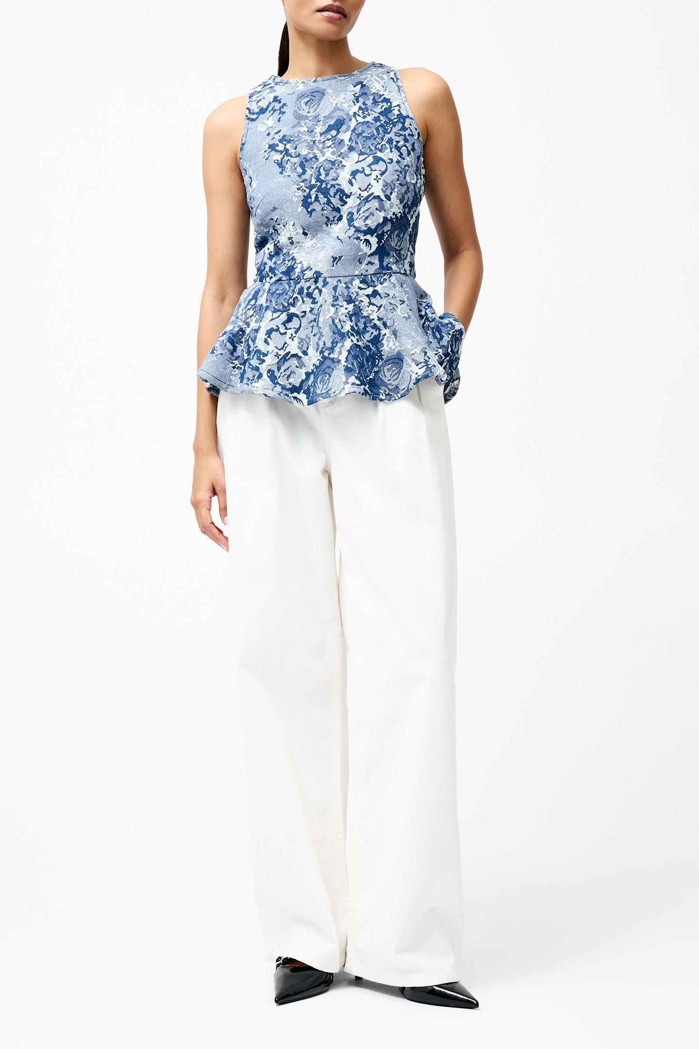 CHARLOTTE JACQUARD PEPLUM TOP LIGHT WASH 2