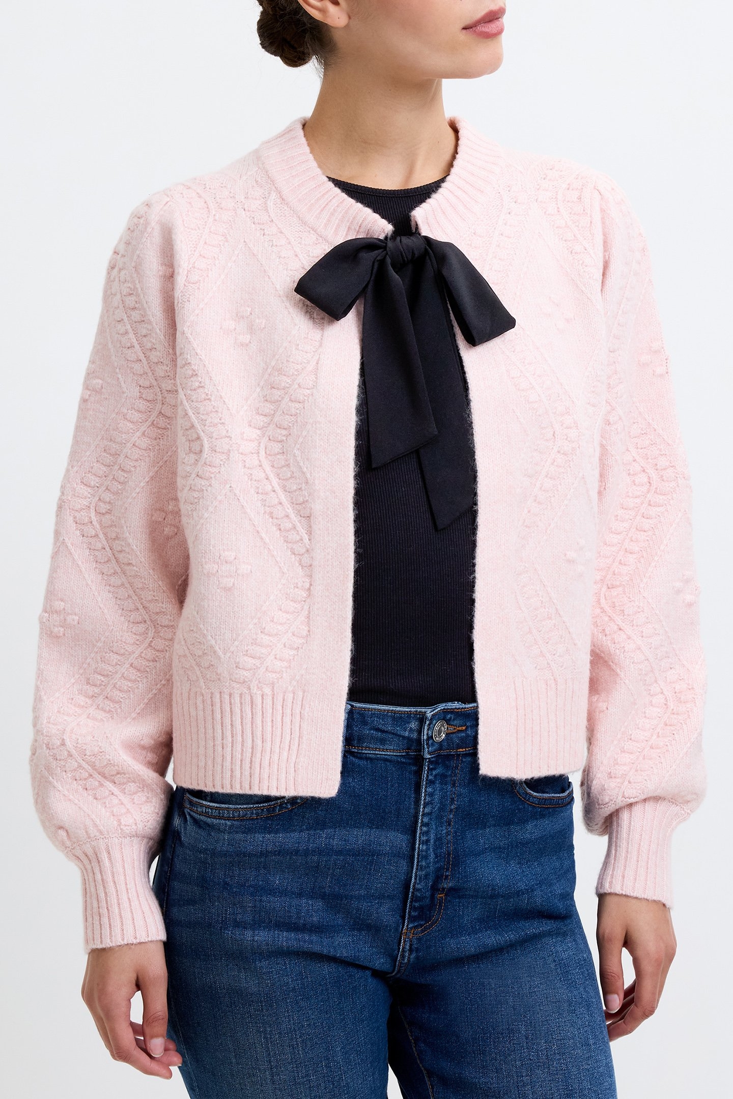 BOBBLE BOW CARDIGAN LOTUS PINK/BLACK BOW 1