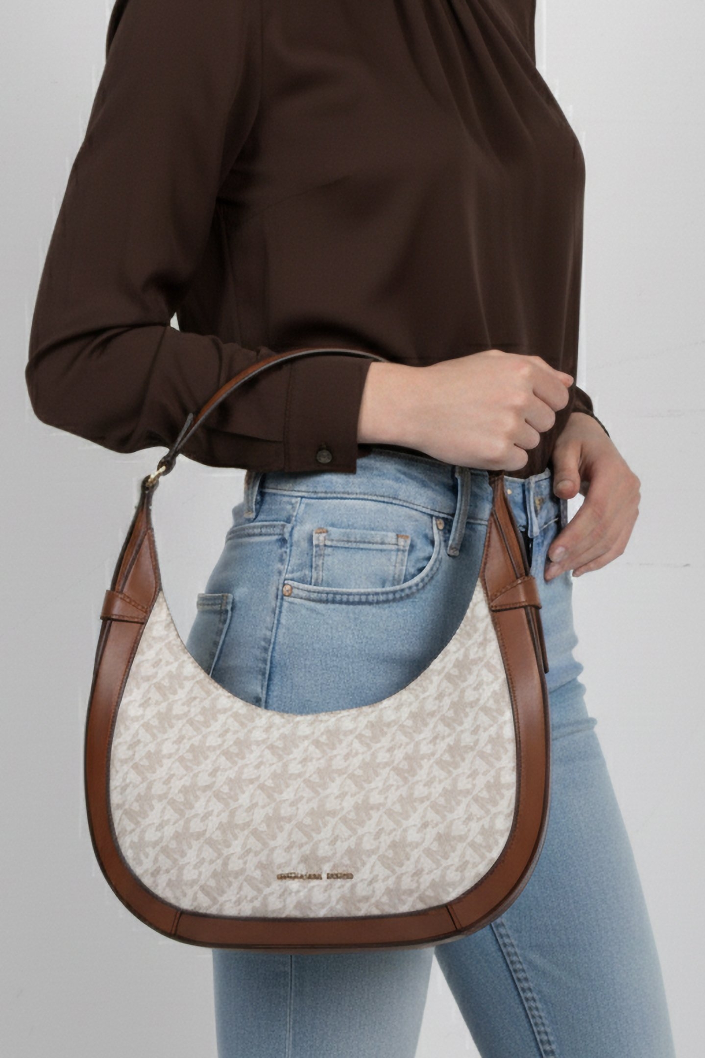 CRESCENT TOP ZIP SHOULDER BAG IN BROWN AND CREAM 1