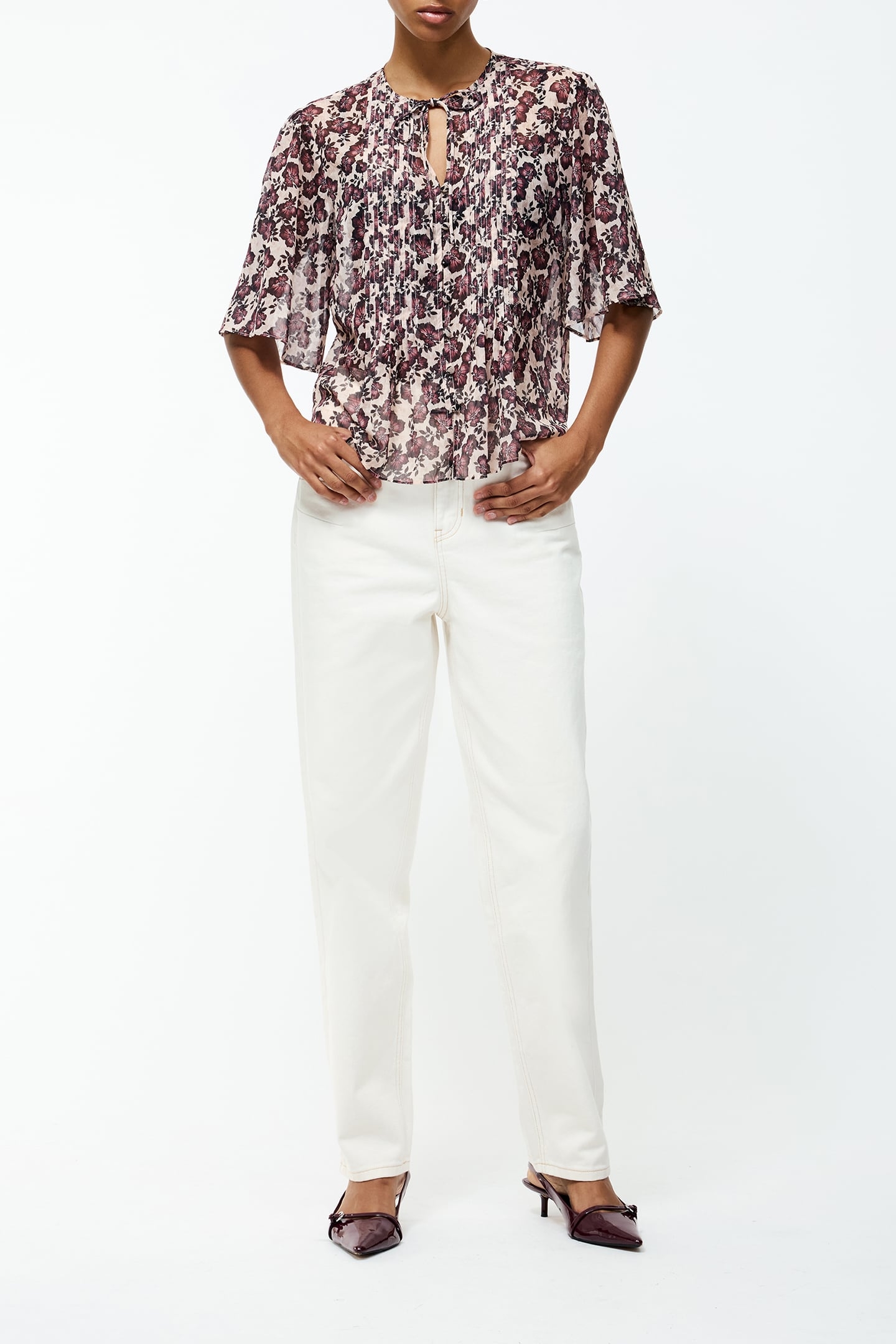 ELYSE HALLIE CRINKLE SS TOP BLUSH PINK FLORAL 1