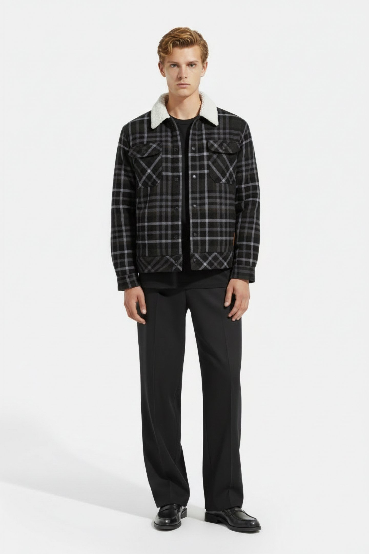 SHERPA LINED PLAID FLANNEL EISENHOWER JACKET BLACK GREY 1