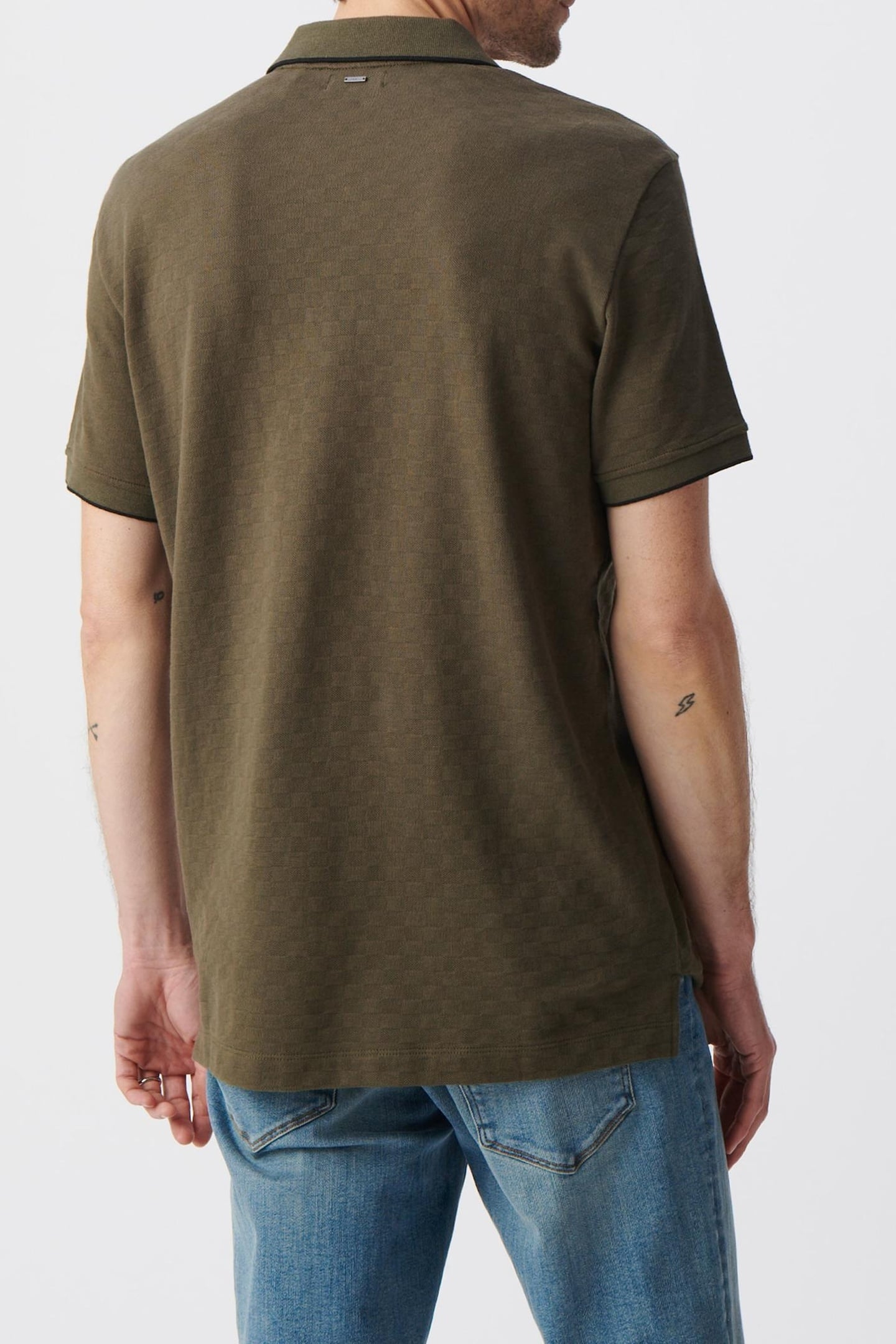 KHAKI ORGANIC COTTON CHECK JACQUARD POLO SHIRT 4