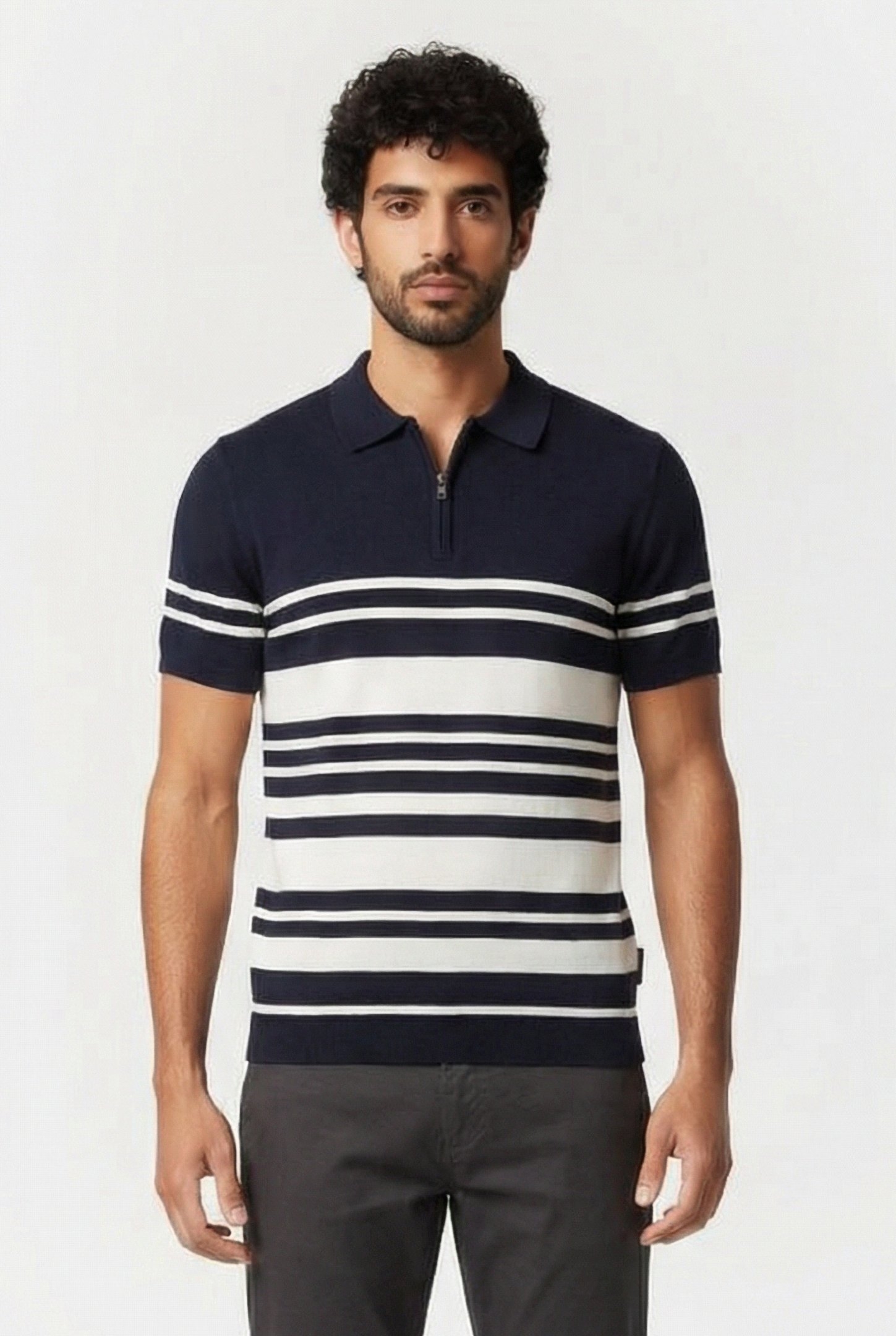LUX STRIPE POLO SHORT SLEEVE MARINE/ECRU 1