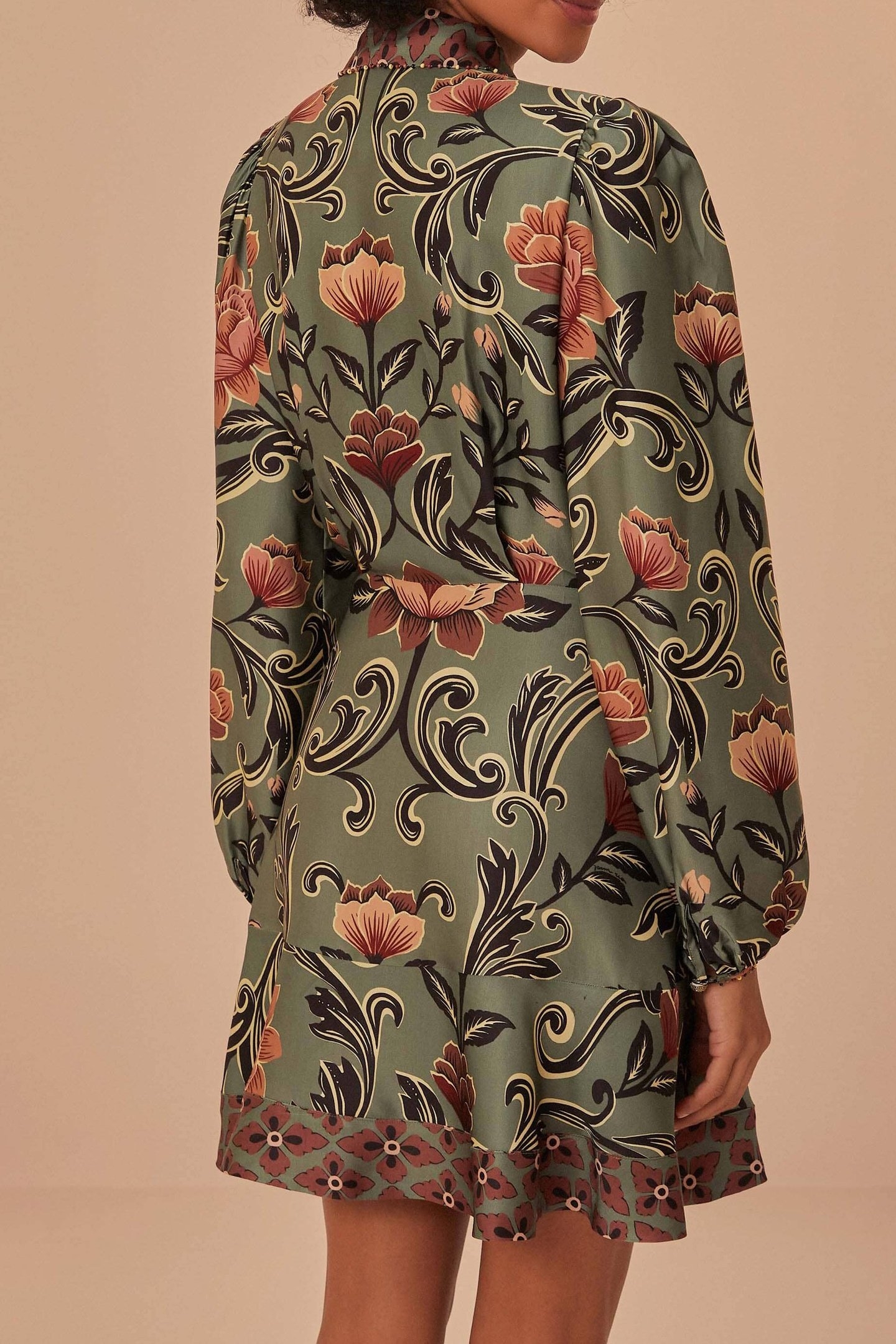 ARABESQUE FLORAL GREEN LONG SLEEVE MINI DRESS 2