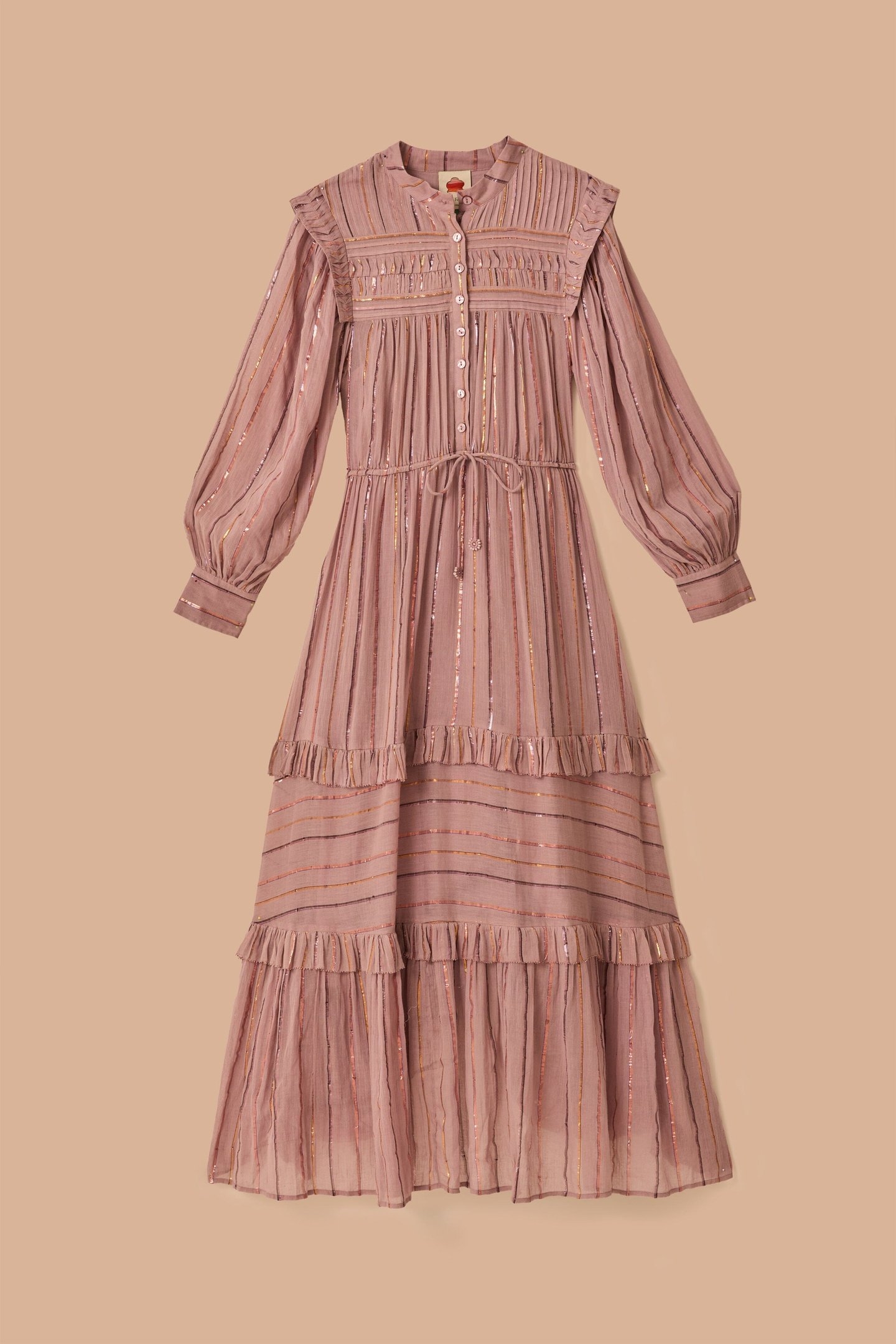 LIGHT PINK PLEATED YOKE TIERED MAXI DRESS 3