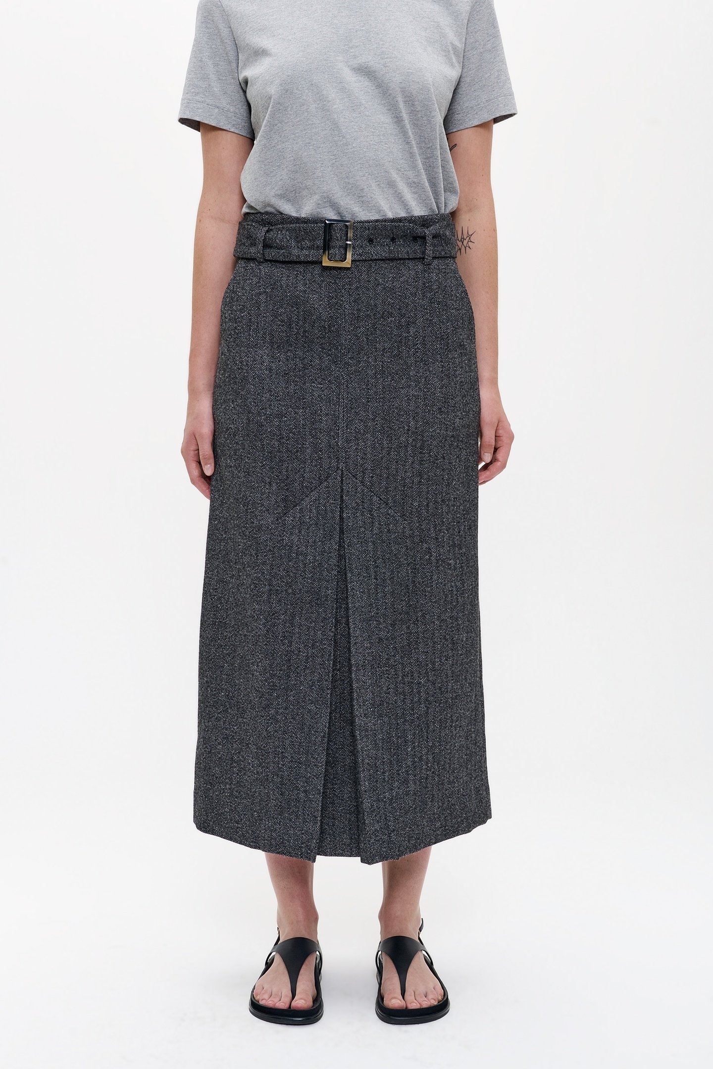 WOOL HERRINGBONE LONG SKIRT BLACK 2