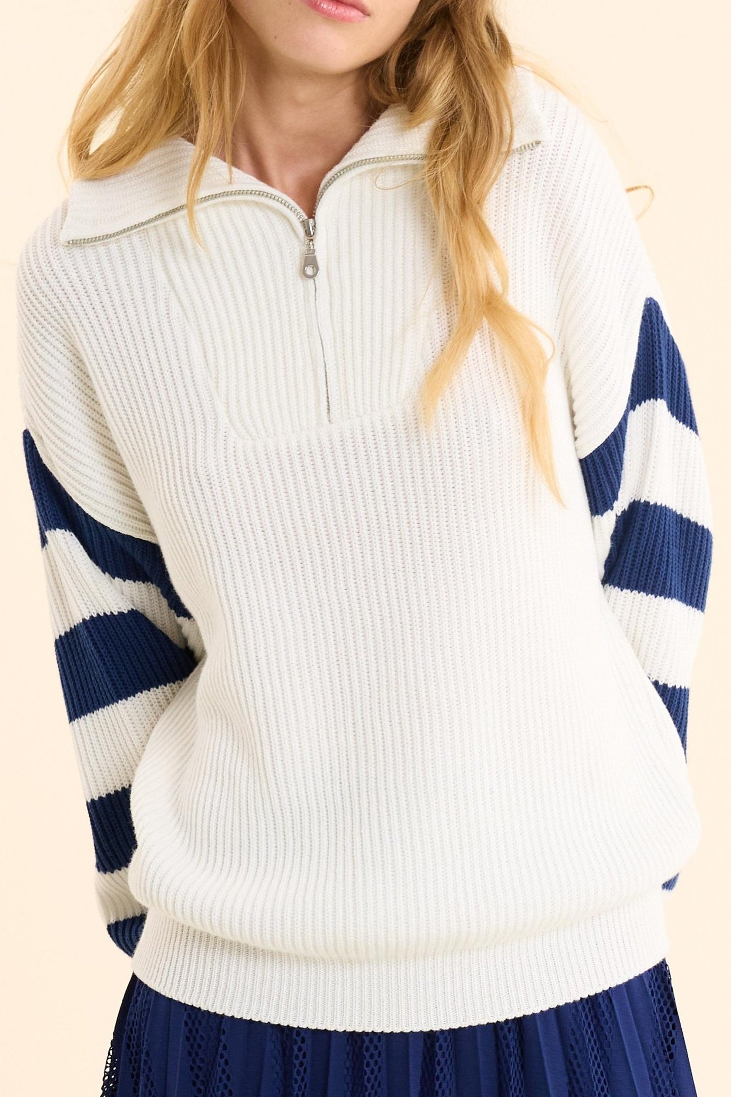 WHITE TRUCKER SWEATER KNIT STRIPED SLEEVES OFF-WHITE 1