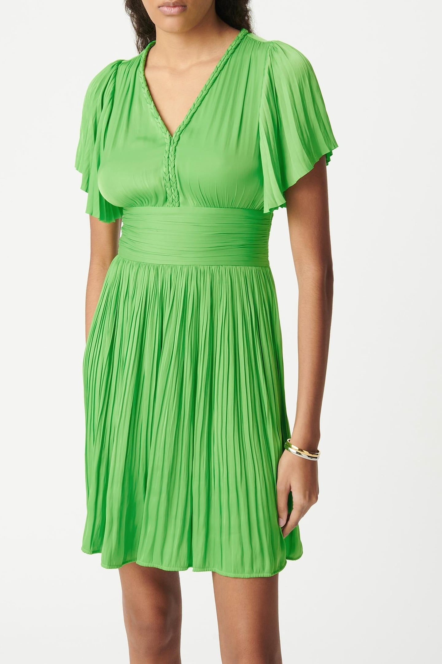 SHORT GREEN SATIN PLEATED DRESS 2