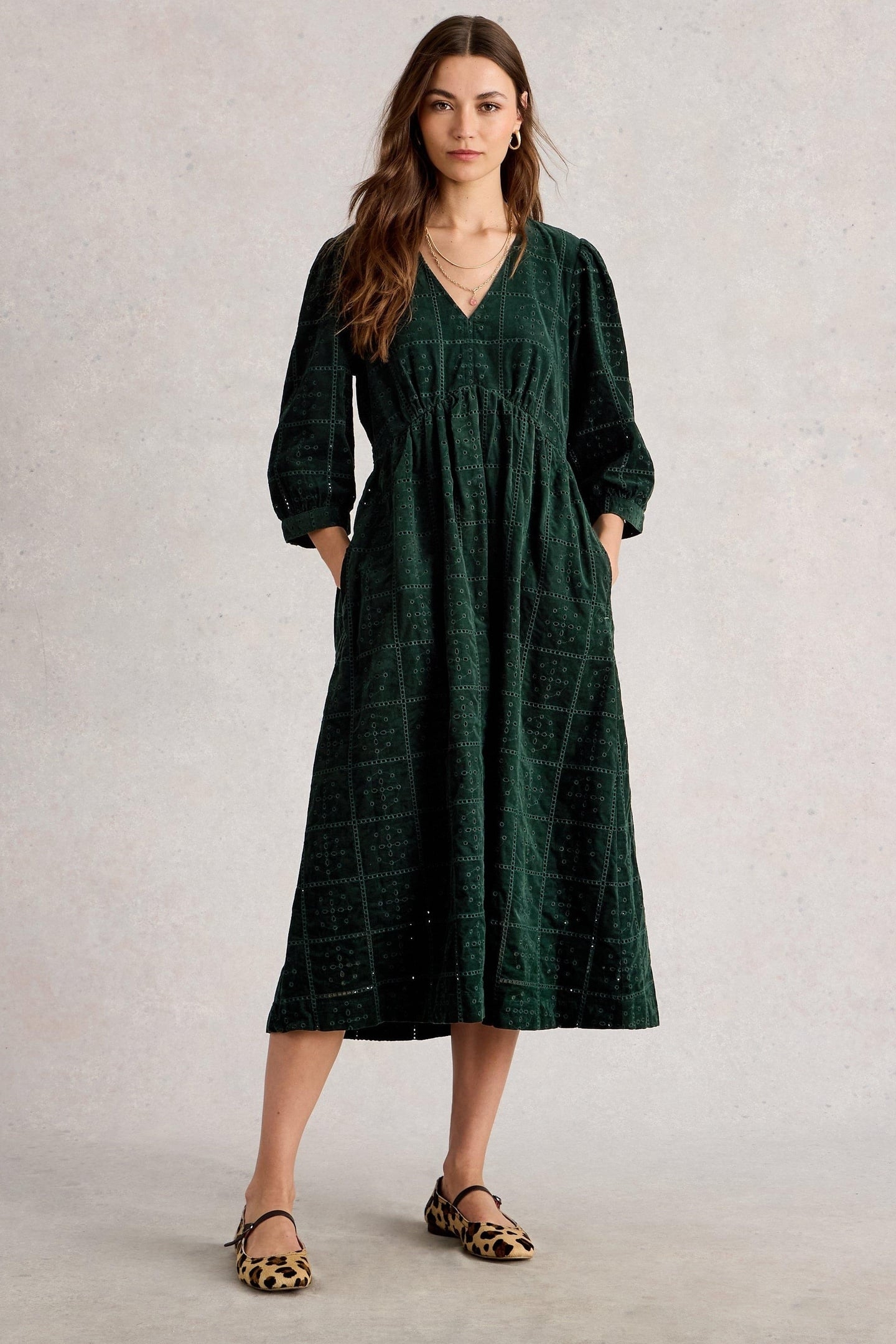 LUCY EMBROIDERED CORD DRESS DARK GREEN 1