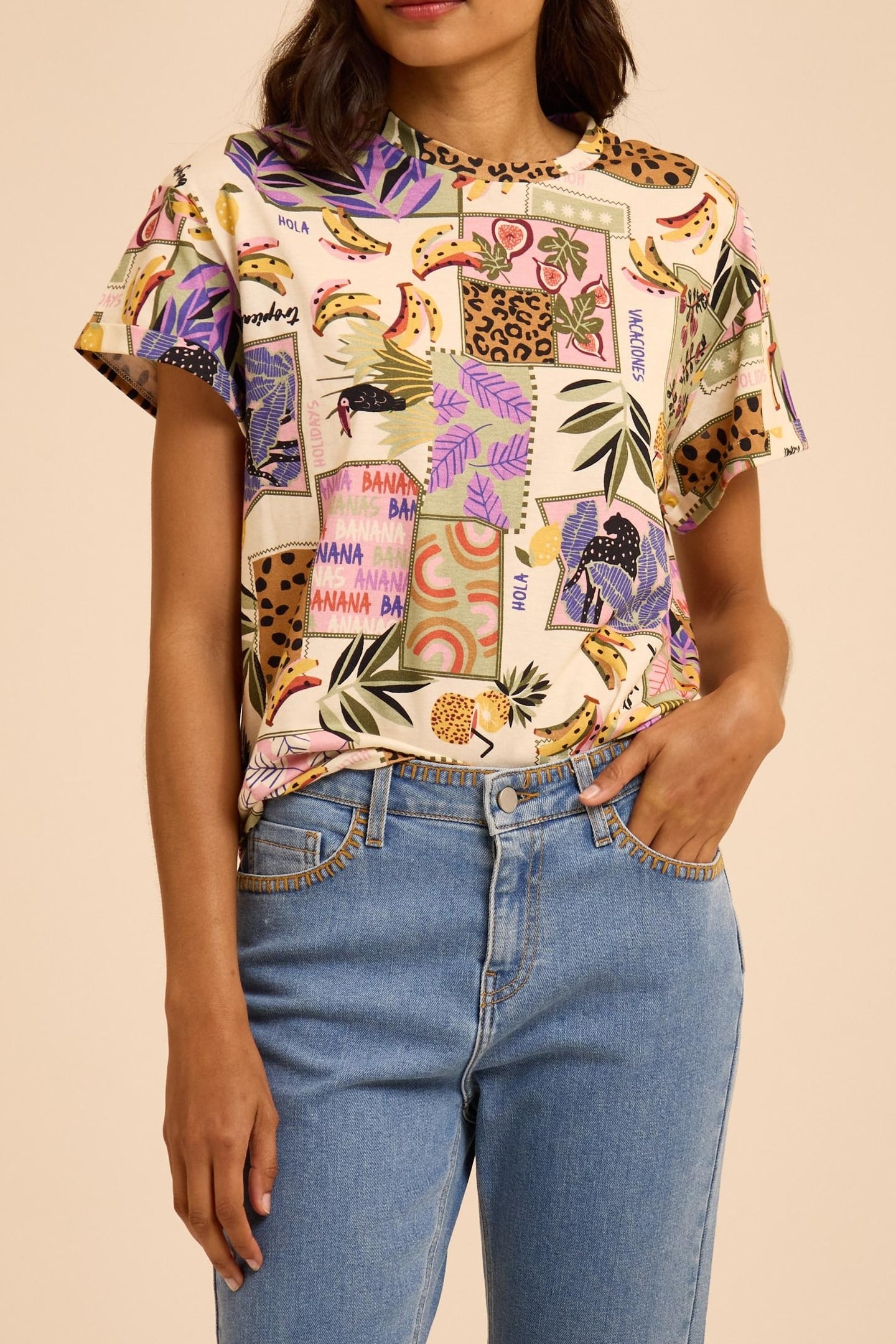 BANANA PATCHWORK PRINT T-SHIRT ECRU 1