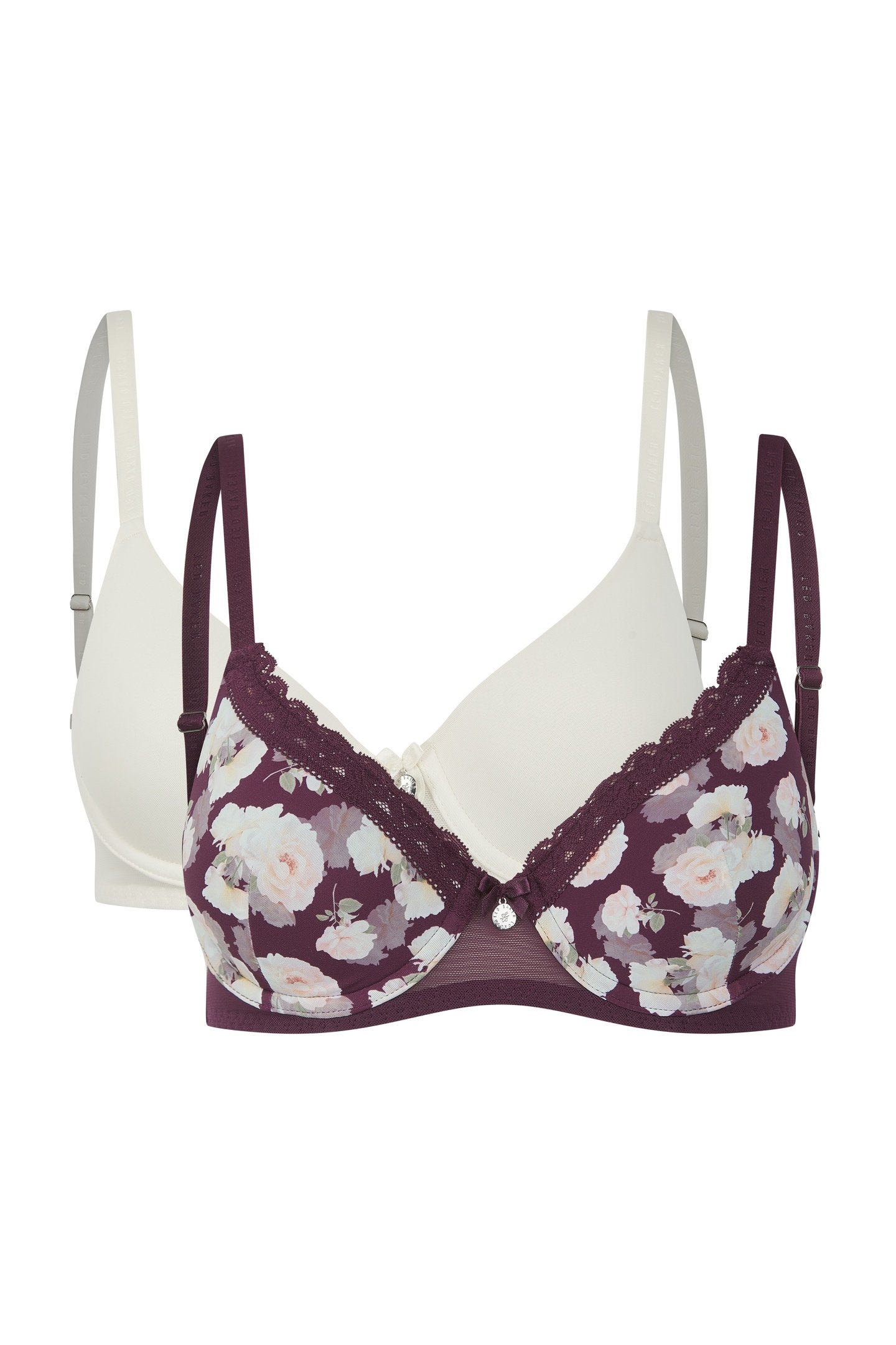 JUDITH 2 PK SOLID & ROSE PRINT T-SHIRT BRAS BERRY FLORAL/ WH 1