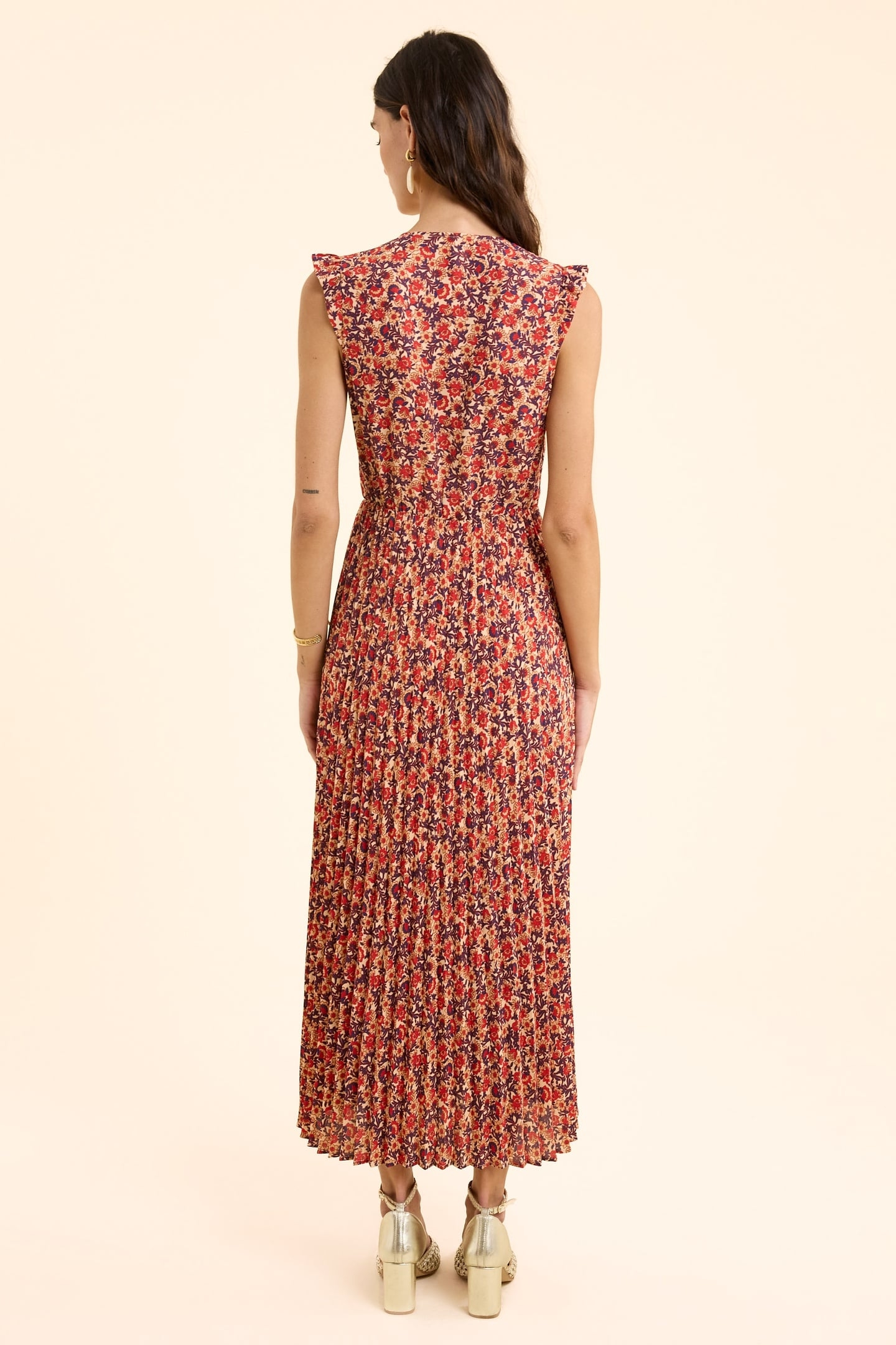 RED PLEATED LONG DRESS WITH FLOWERY PRINT ECRU 4